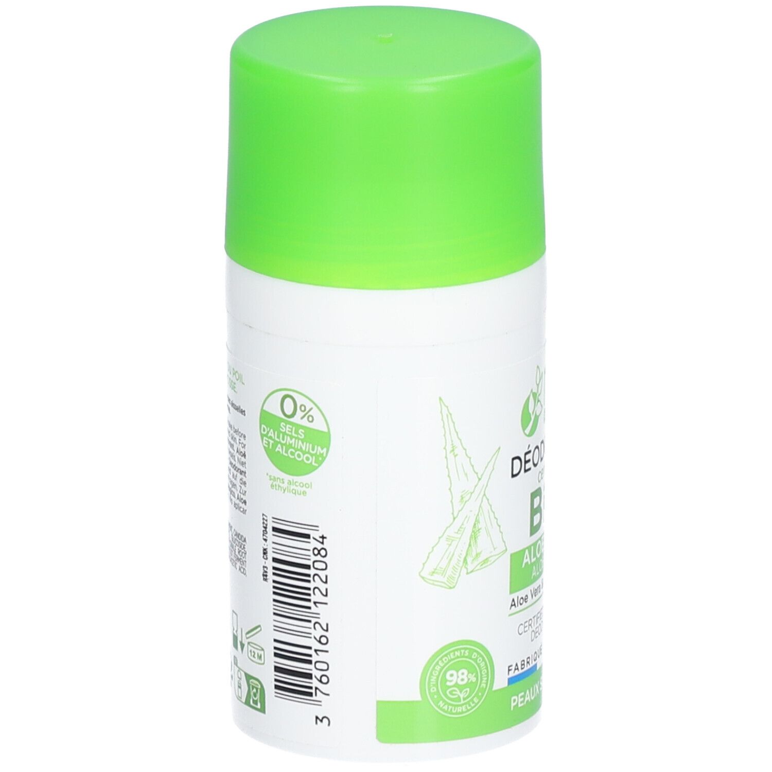 Deodorant-Roller, Rückseite. Aufschrift: 0% Aluminiumsalze und Alkohol. 98% natürliche Inhaltsstoffe.