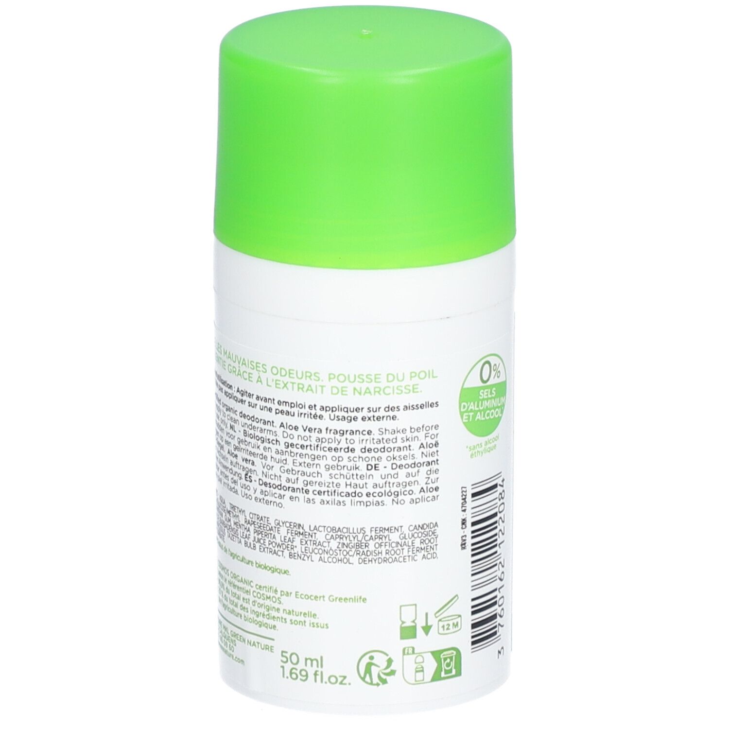 Deodorant-Roller, Rückseite. Text mit Inhaltsstoffen und Anwendungshinweisen. 50 ml. Recycling-Symbole.