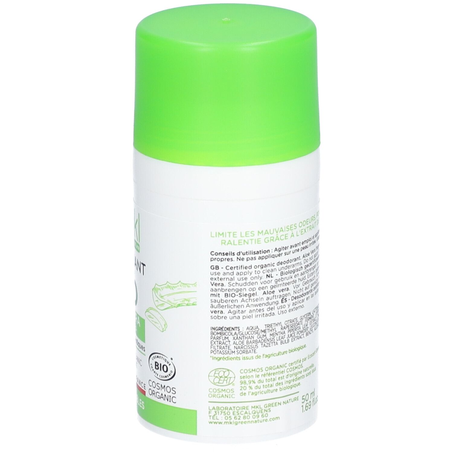 Deodorant-Roller mit grünem Deckel. Aufschrift: mkl, BIO, Aloe Vera. Zertifiziertes Bio-Deodorant.