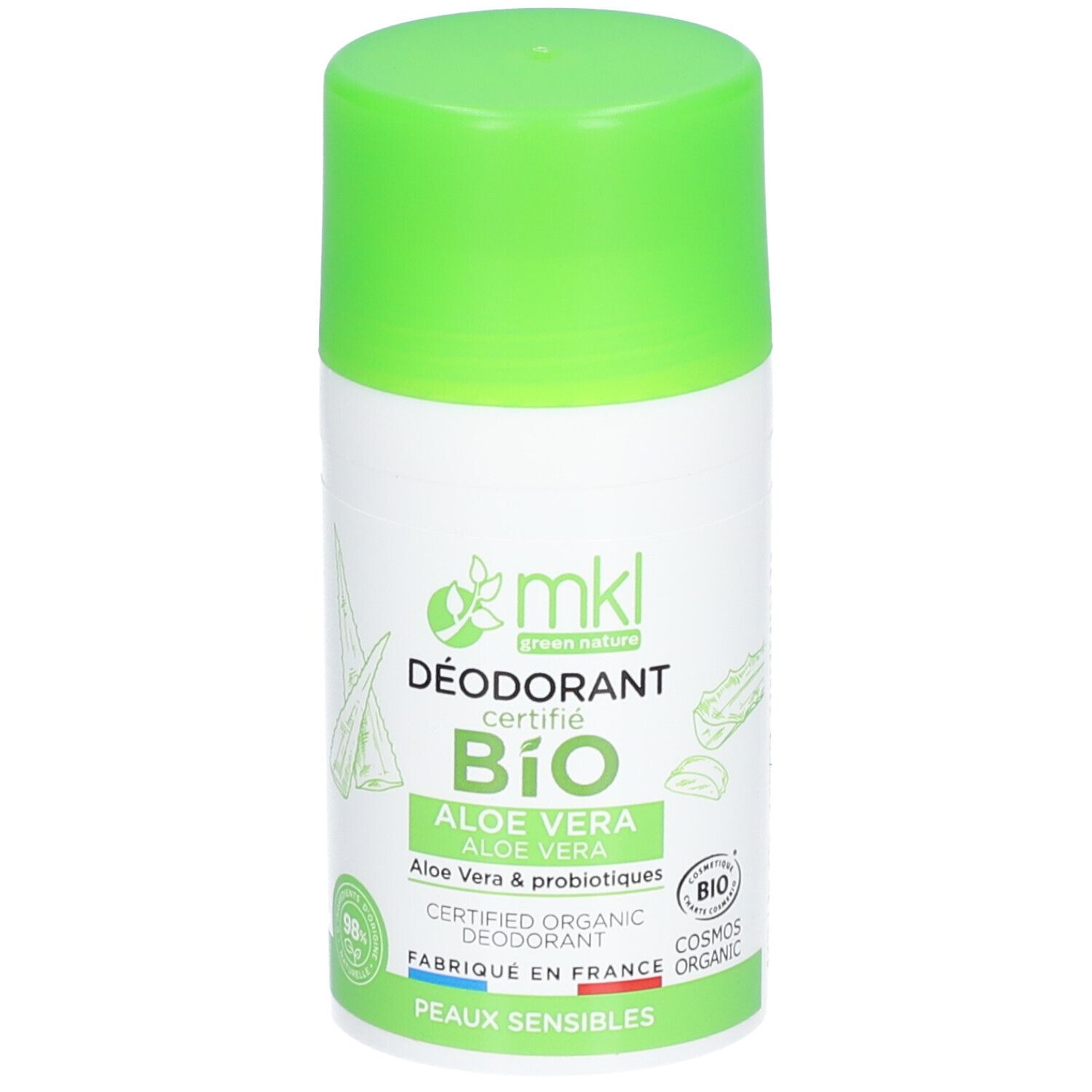 Deodorant-Roller mit grünem Deckel. Aufschrift: mkl, BIO, Aloe Vera. Zertifiziertes Bio-Deodorant.