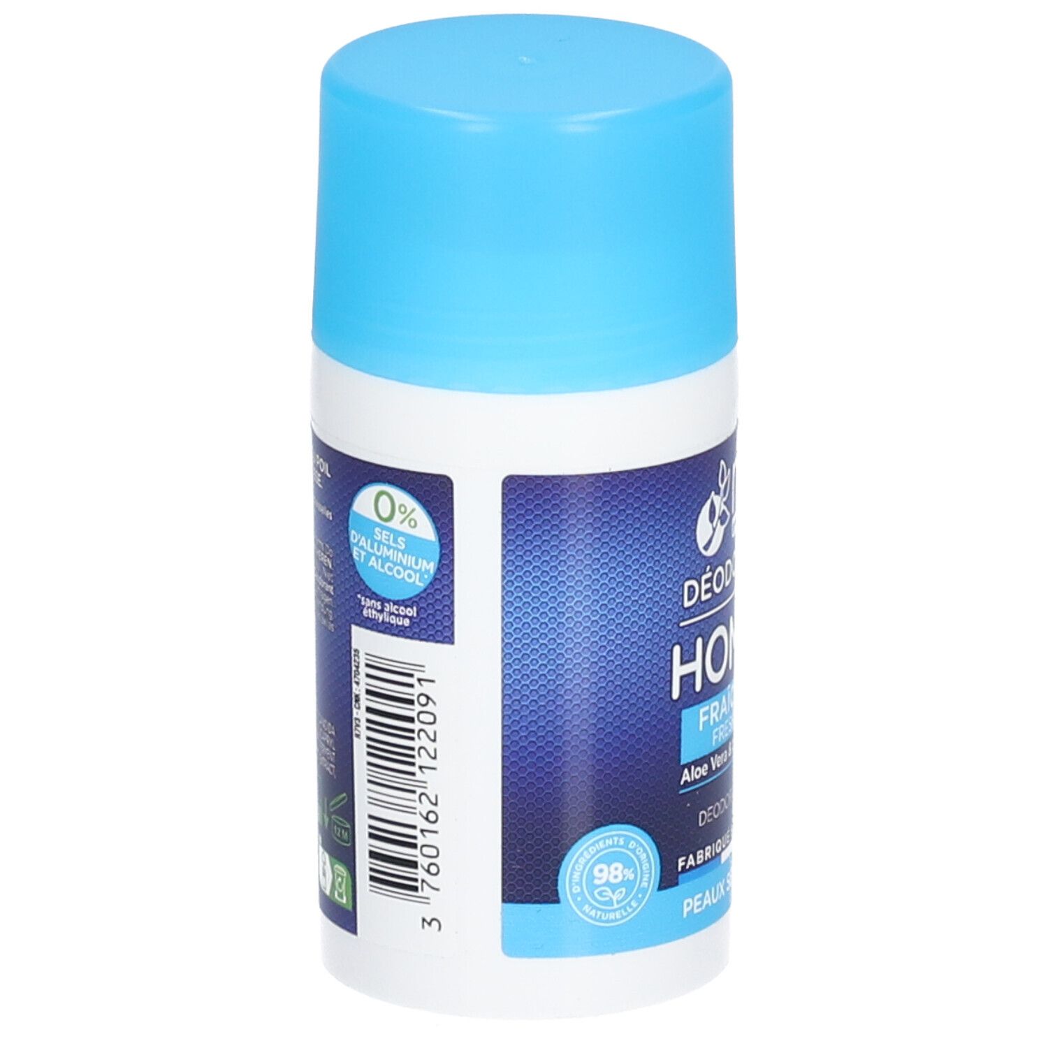 Rückseite des Deo-Rollers. Text: 0% Alkohol, 98% Inhaltsstoffe natürlichen Ursprungs. Barcode. Hergestellt in Frankreich.