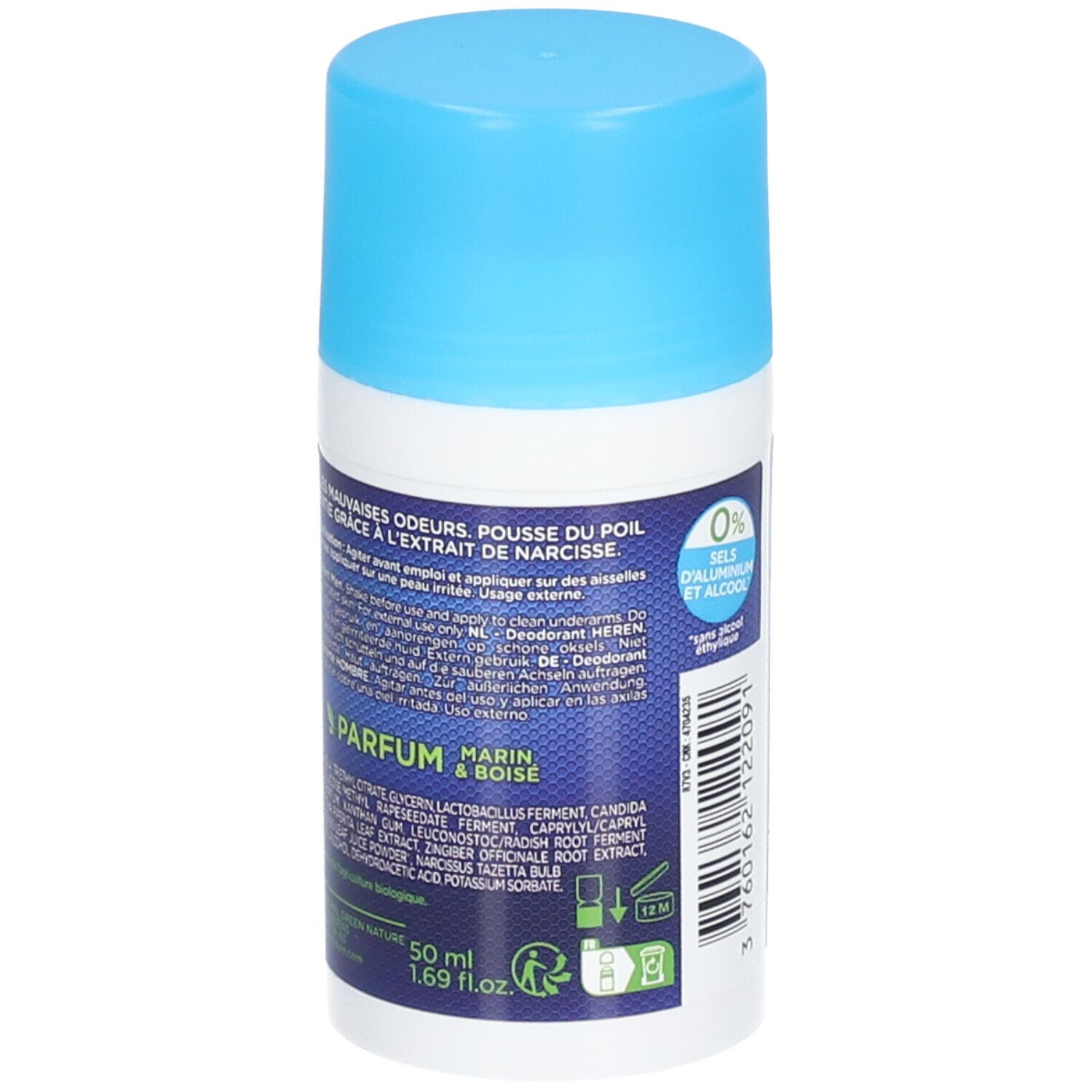 Rückseite des Deo-Rollers. Text: Marin & Boisé Parfum, 50 ml. Inhaltsstoffe. 0% Alkohol. Hergestellt in Frankreich.