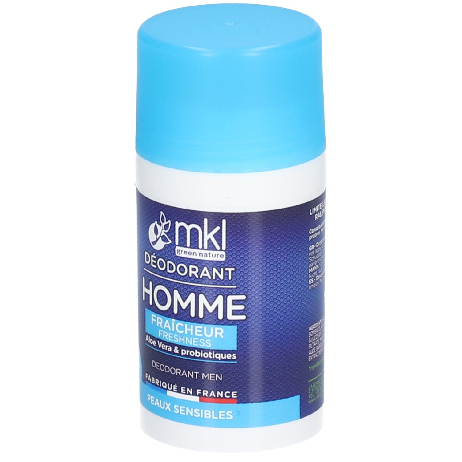 Deo-Roller für Männer. Blau-weiße Verpackung. Text: DÉODORANT HOMME, Fraîcheur, Aloe Vera & probiotiques. Für empfindliche Haut.