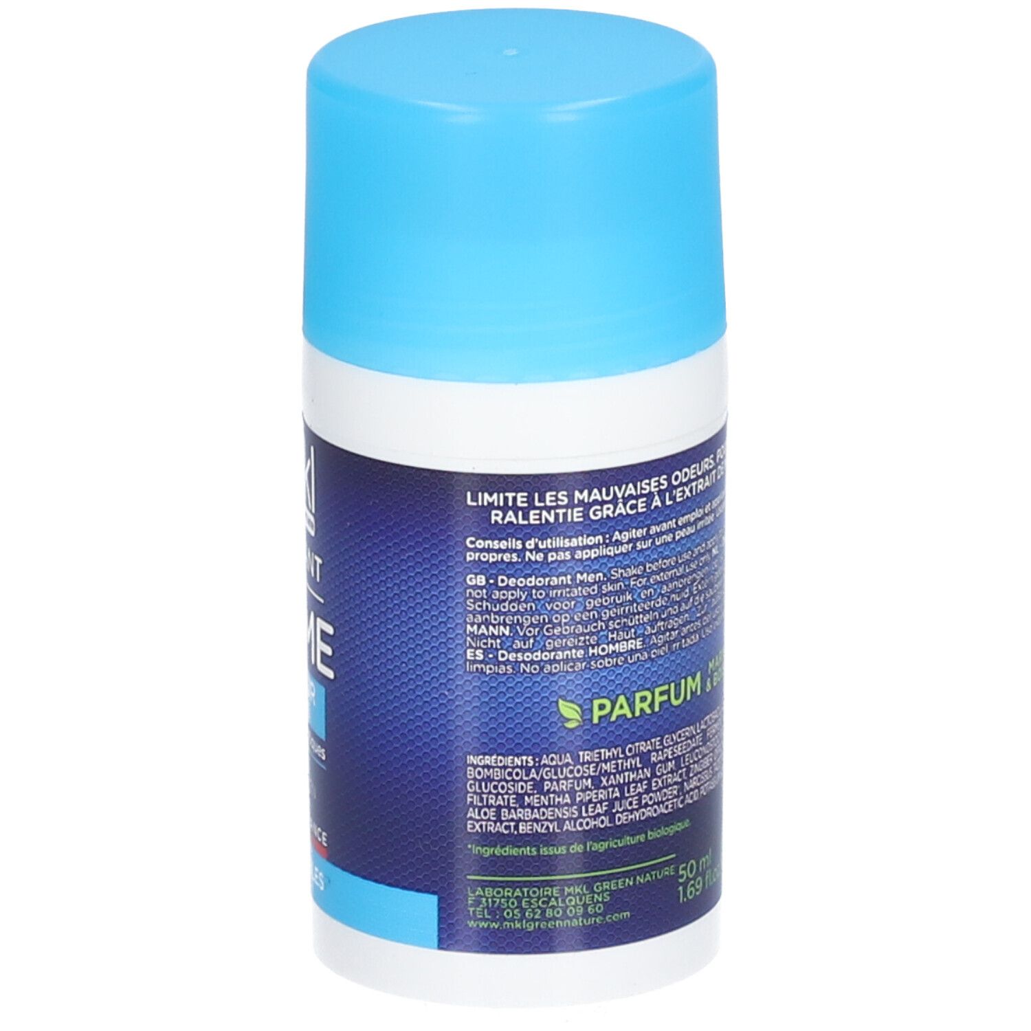 Rückseite des Deo-Rollers. Text: Marin & Boisé Parfum, 50 ml. Inhaltsstoffe. 0% Alkohol. Hergestellt in Frankreich.