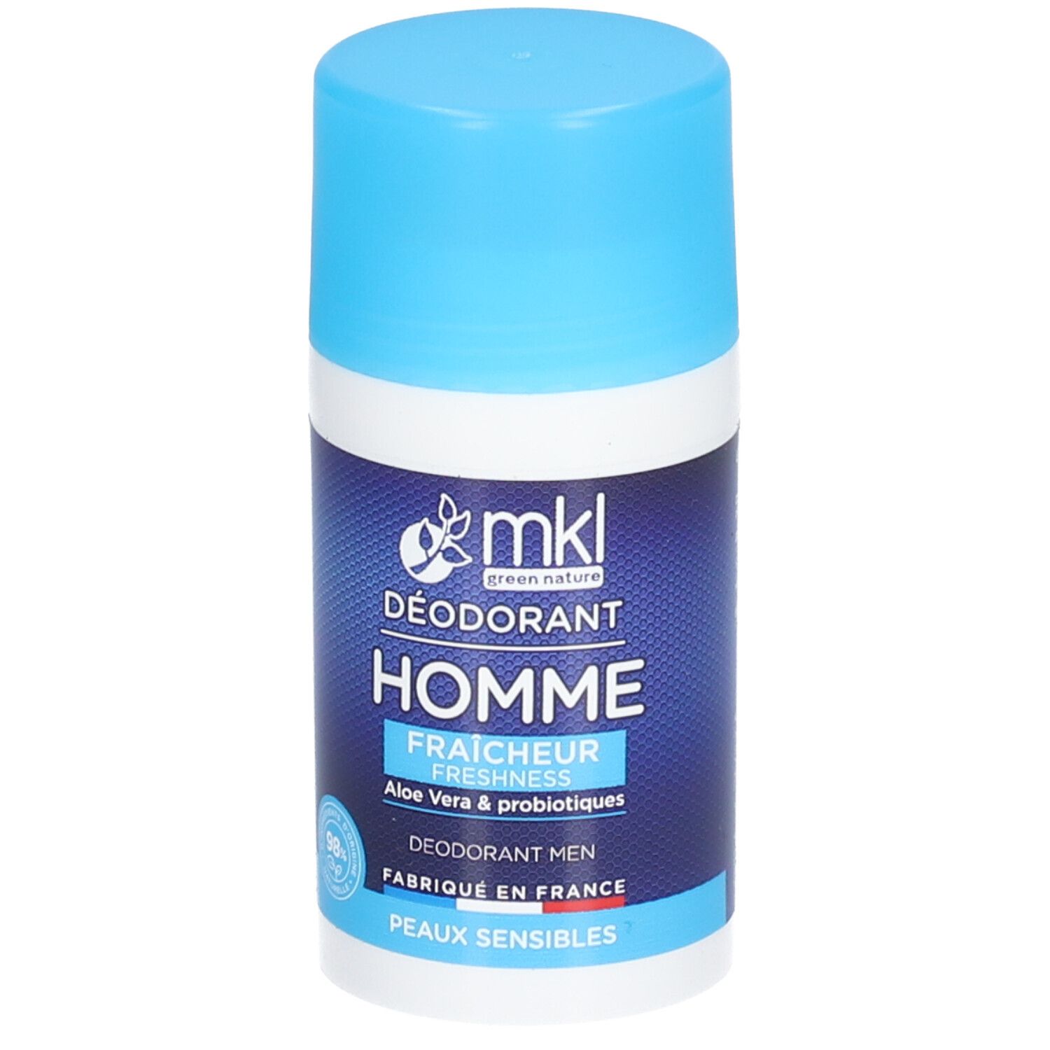 Deo-Roller für Männer. Blau-weiße Verpackung. Text: DÉODORANT HOMME, Fraîcheur, Aloe Vera & probiotiques. Für empfindliche Haut.