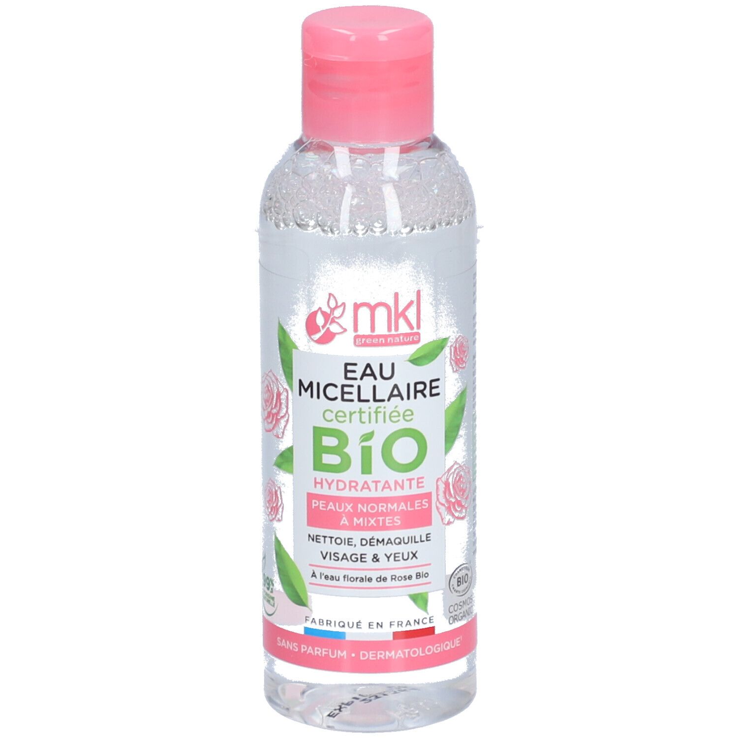Flacon transparent avec bouchon rose. Étiquette avec texte: Eau Micellaire Hydratante, certification Bio, pour peaux normales à mixtes.