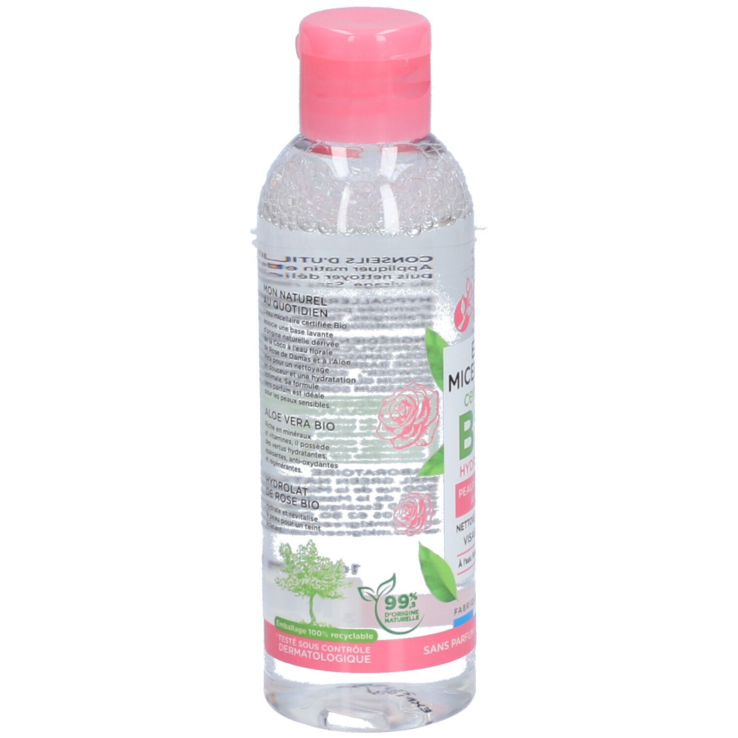 Dos du flacon. Texte: ingrédients, conseils d'utilisation, certification Bio, 99% d'origine naturelle, fabriqué en France.