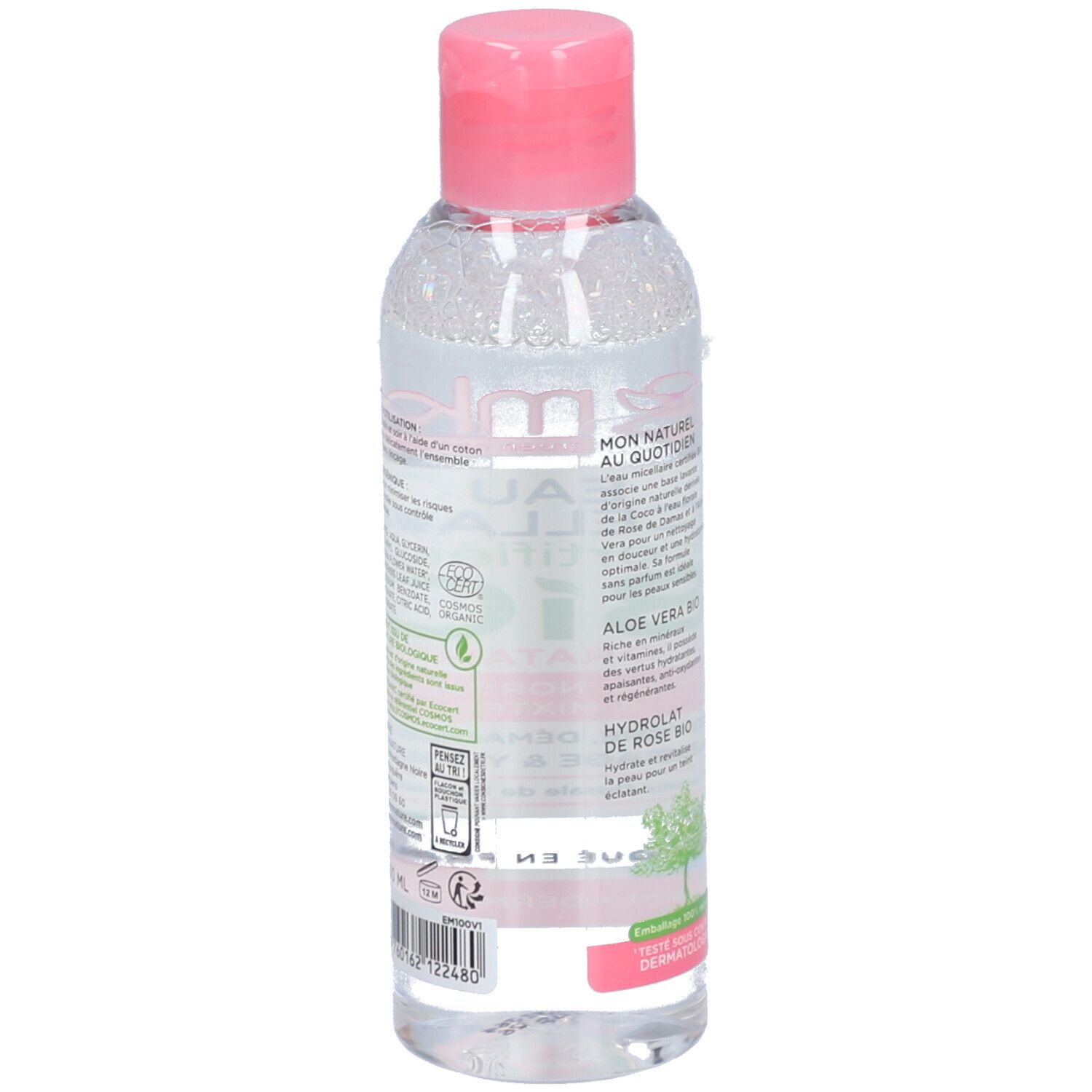Dos du flacon. Texte: ingrédients, conseils d'utilisation, certification Bio, fabriqué en France, Aloe Vera.
