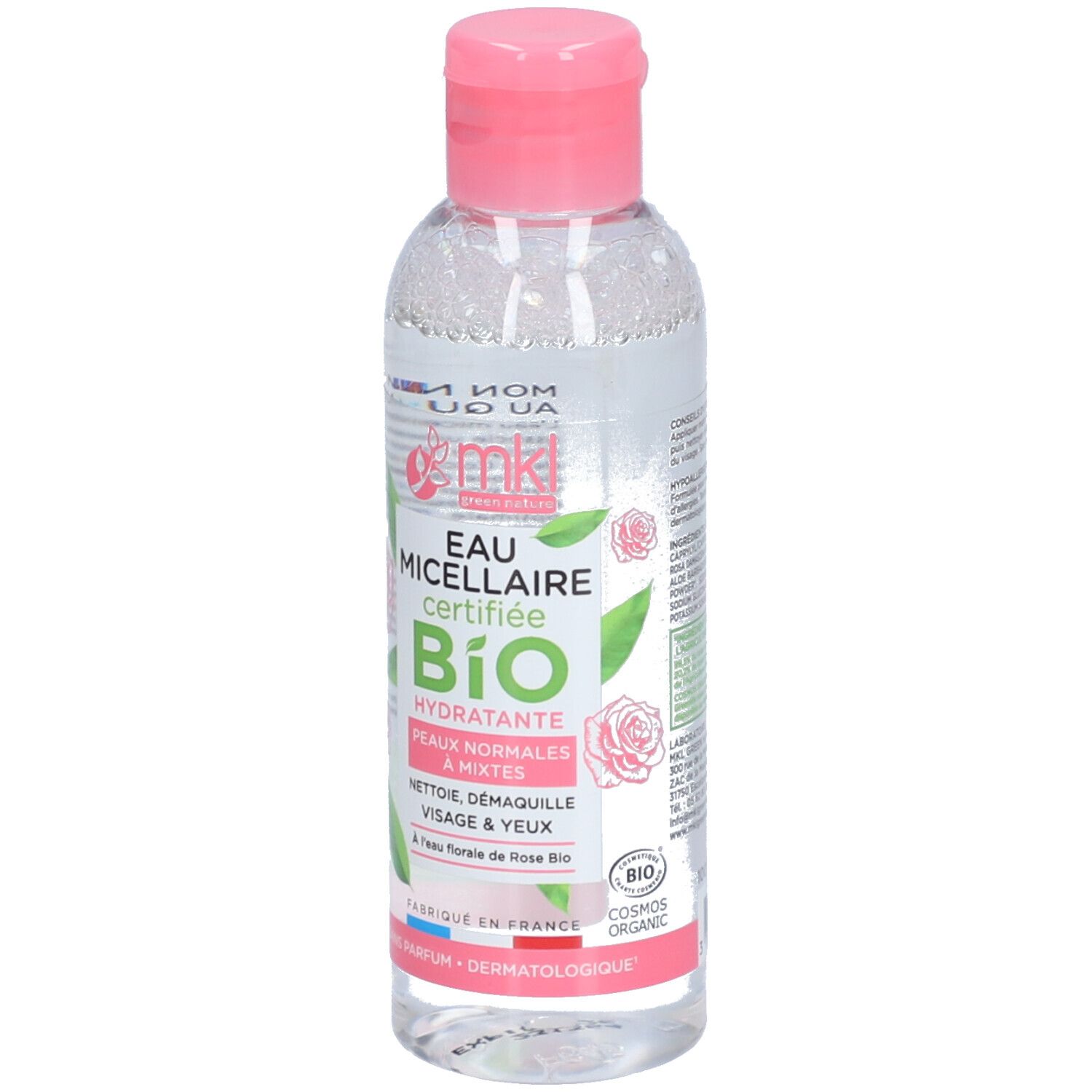 Flacon transparent avec bouchon rose. Étiquette avec texte: Eau Micellaire Hydratante, certification Bio, pour peaux normales à mixtes, visage & yeux.