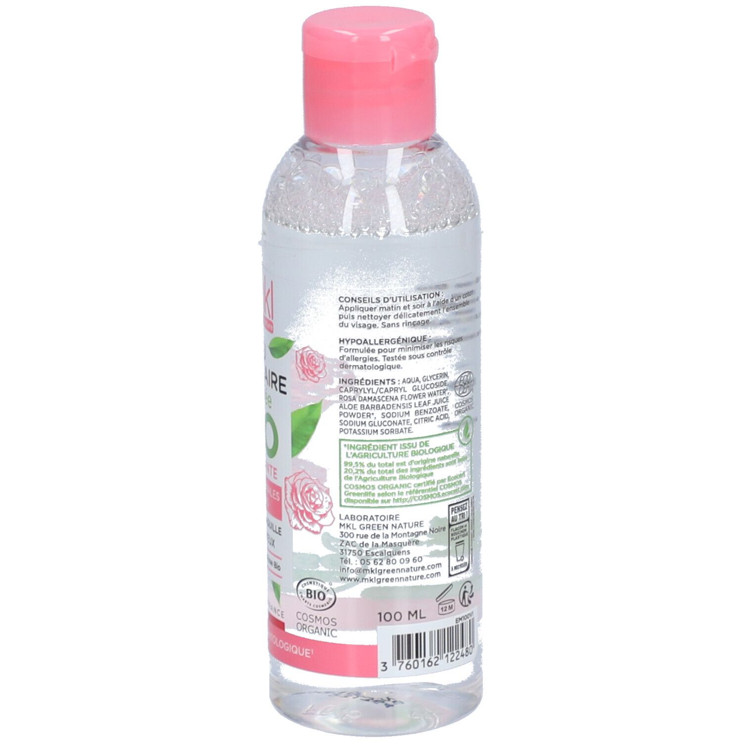 Flacon transparent avec bouchon rose. Étiquette avec texte: ingrédients, 100 ml, certification Bio, fabriqué en France, adresse.