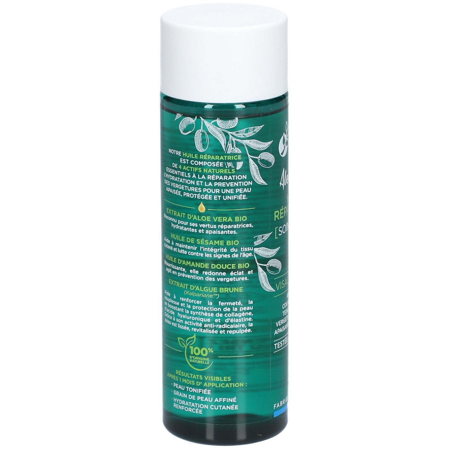 Rückseite der grünen Flasche. Text über Inhaltsstoffe und Wirkungen. Bio-Zertifizierung und 100% natürliche Inhaltsstoffe.
