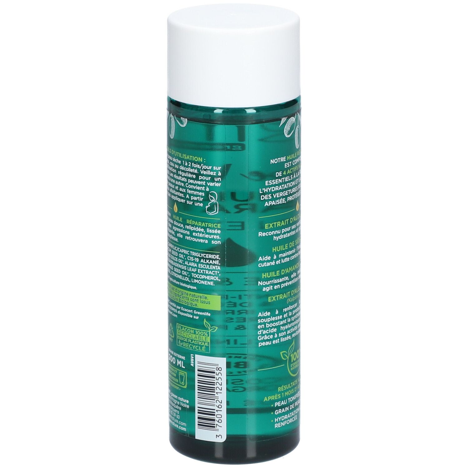 Rückseite der grünen Flasche. Text über Anwendung und Inhaltsstoffe. Recycling-Symbol und Barcode.