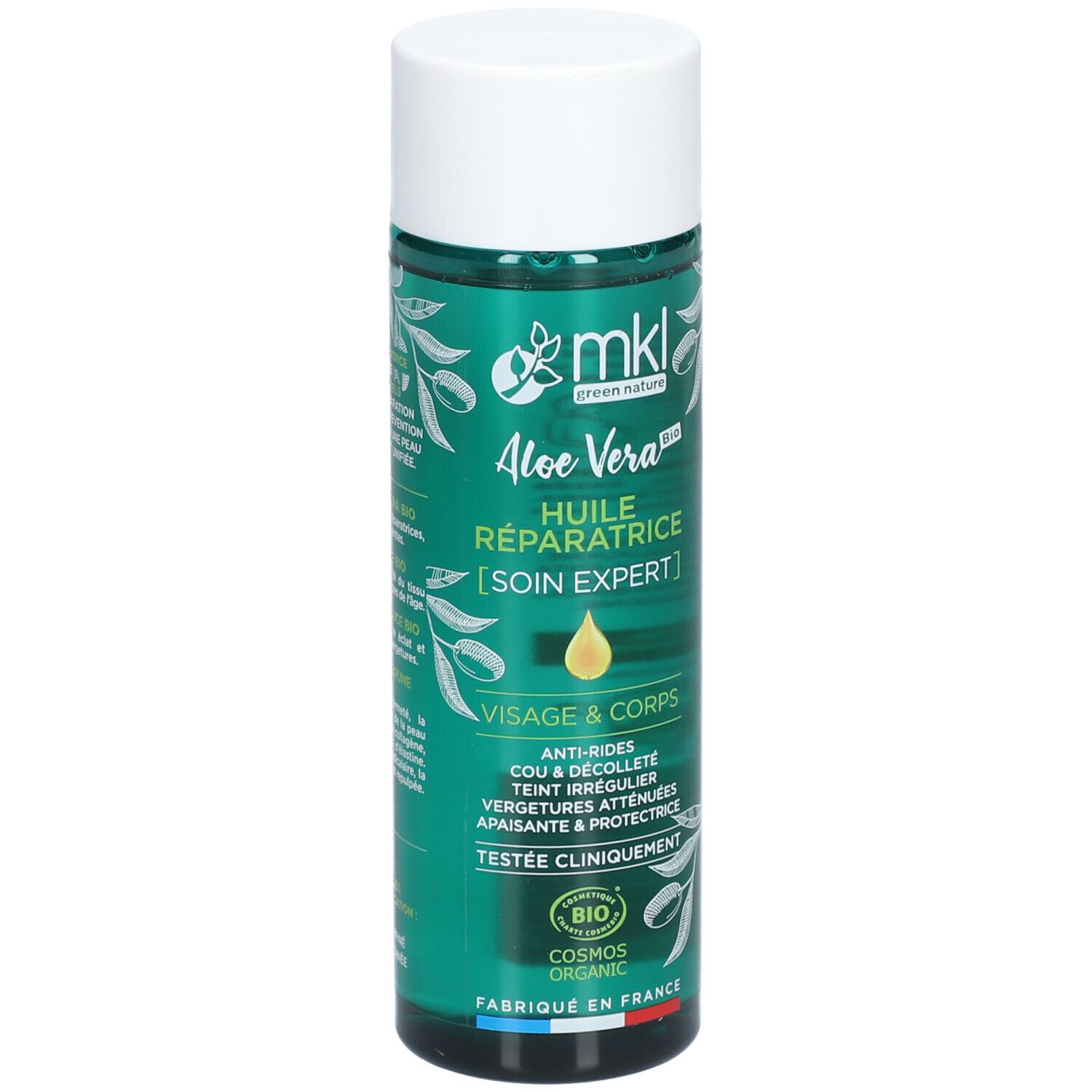 Grüne Flasche mit weißem Deckel. Aufschrift: mkl, Aloe Vera, Huile Réparatrice, Visage & Corps. Bio-Zertifizierung.