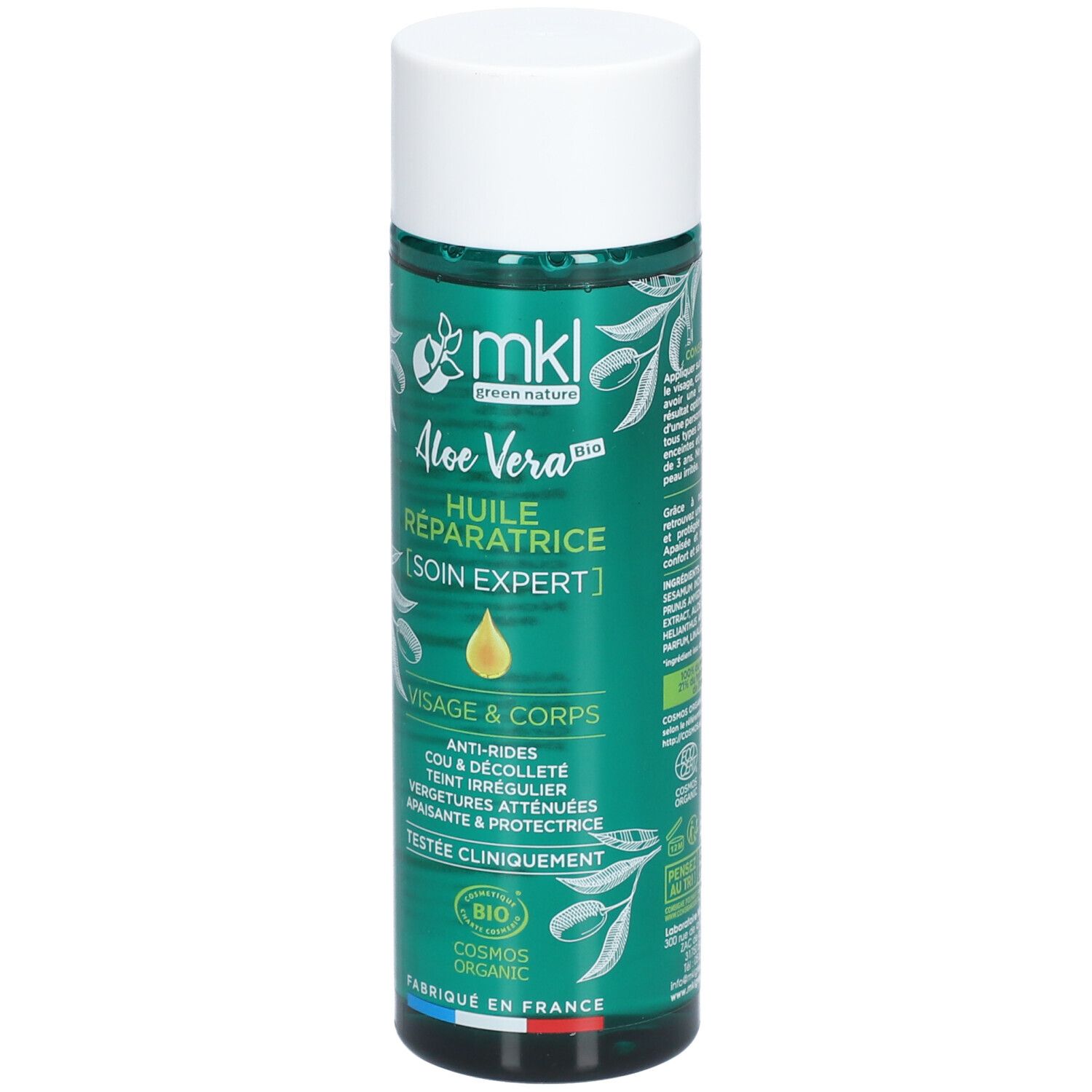 Grüne Flasche mit weißem Deckel. Aufschrift: mkl, Aloe Vera, Huile Réparatrice, Visage & Corps. Bio-Zertifizierung.