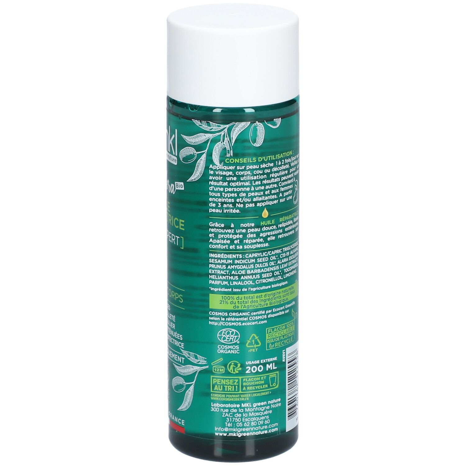 Rückseite der grünen Flasche. Text über Anwendung und Inhaltsstoffe. Volumen: 200 ml. Bio-Zertifizierung.