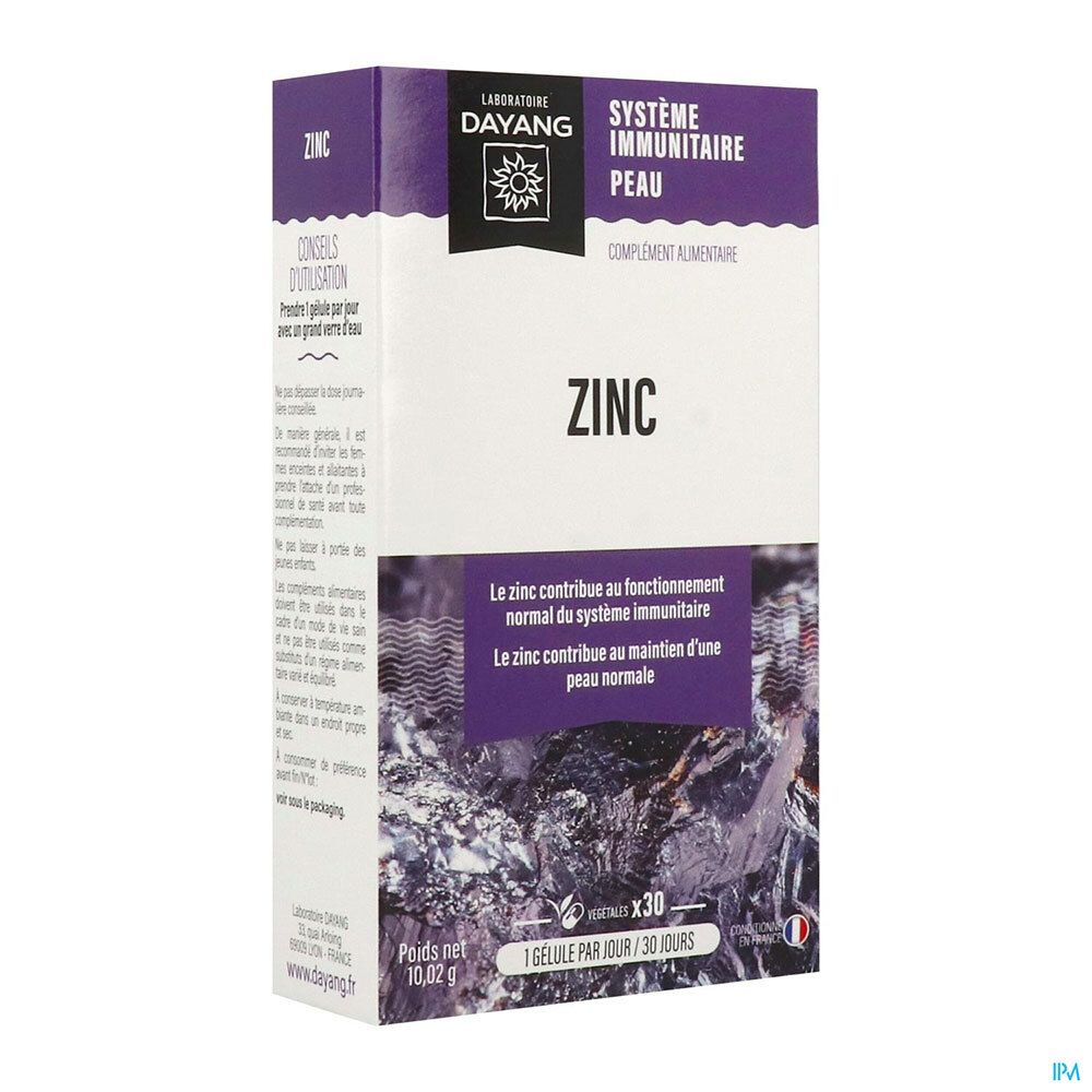 Boîte de complément alimentaire au zinc. Design violet et blanc. Contient 30 gélules. Texte: Système Immunitaire Peau.