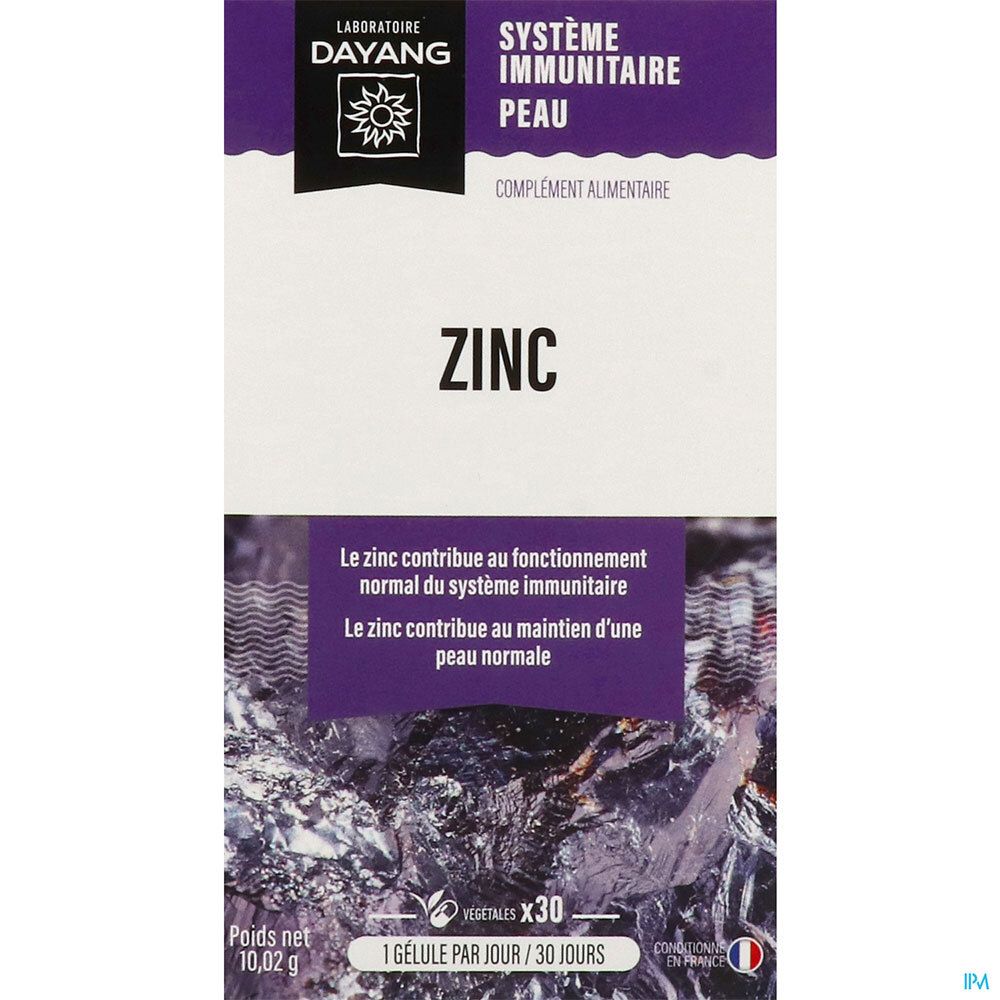 Boîte de complément alimentaire au zinc. Blanc et violet. Contient 30 gélules. Texte: Système Immunitaire Peau, Zinc.