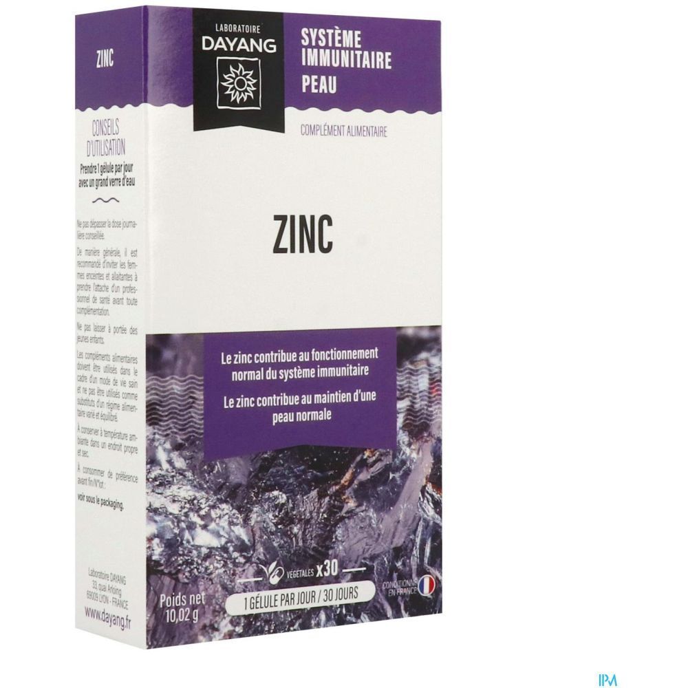 Boîte de complément alimentaire au zinc. Violet et blanc. Contient 30 gélules. Texte: Système Immunitaire Peau, Zinc.