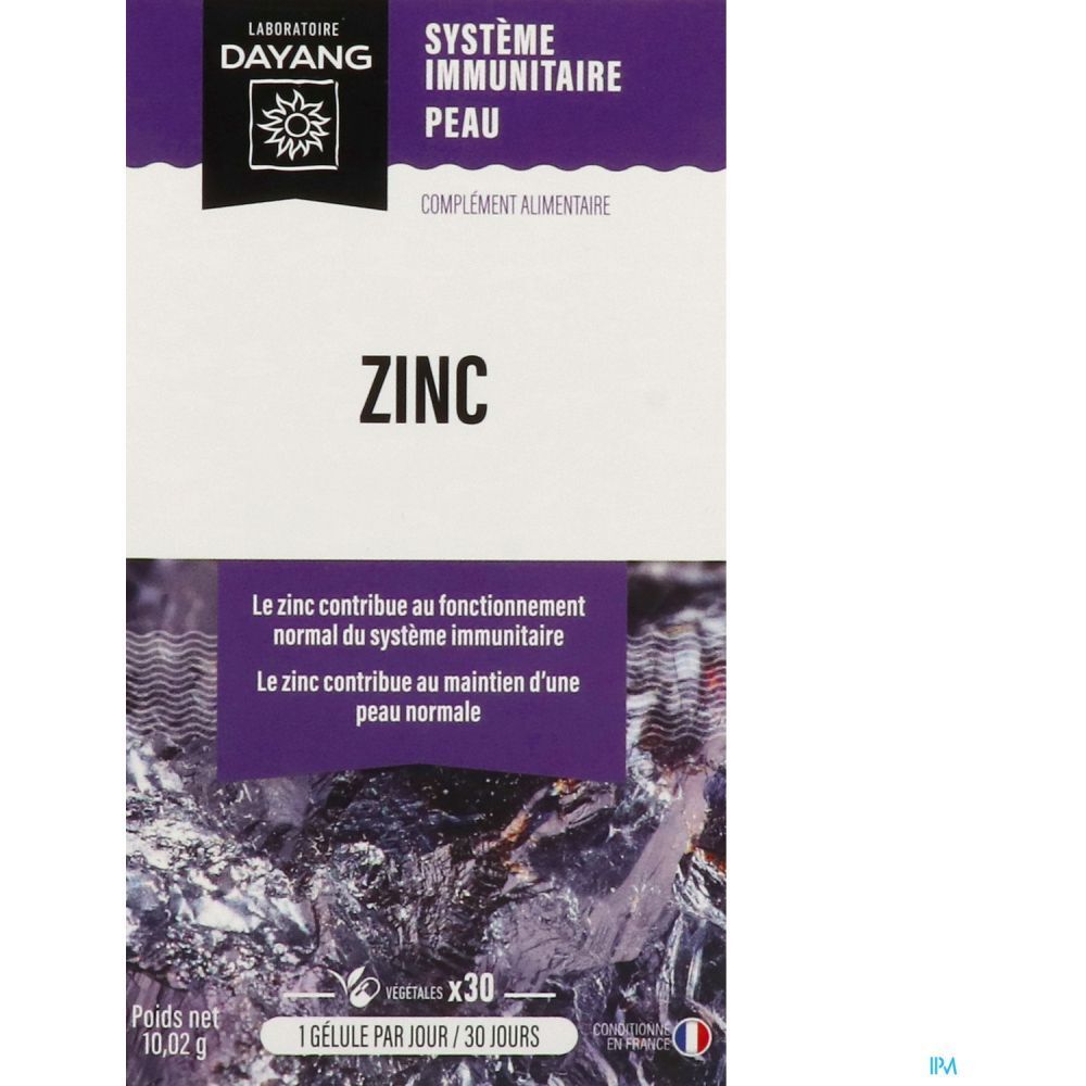 Boîte de complément alimentaire au zinc. Blanc et violet. Contient 30 gélules. Texte: Système Immunitaire Peau, Zinc.