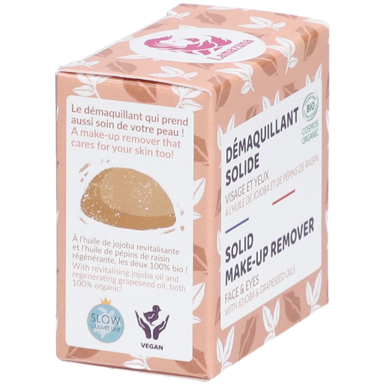 Kartonverpackung mit Produktinformationen. Enthält festen Make-up-Entferner. Mit Jojoba- und Traubenkernöl. Vegan und Cosmos Organic zertifiziert.