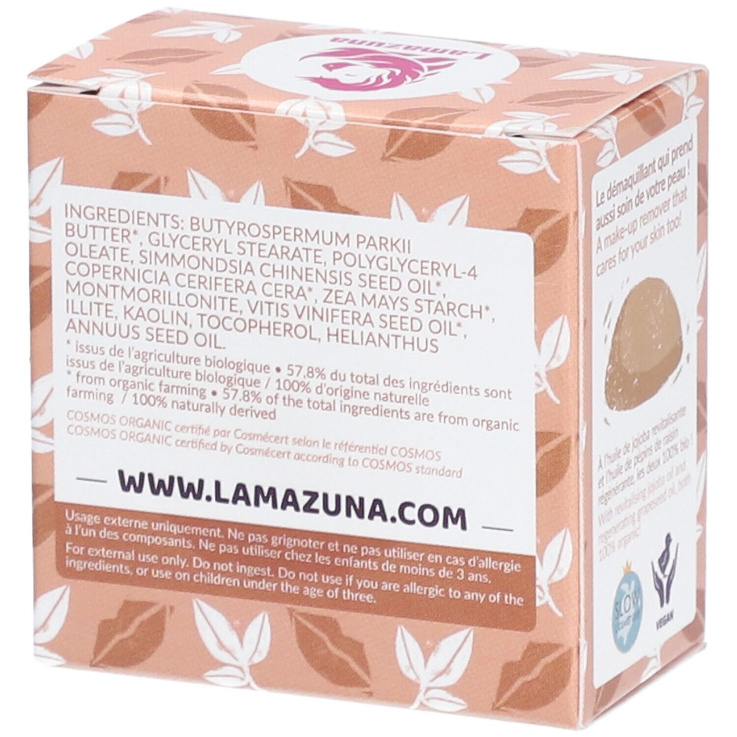 Kartonverpackung mit Inhaltsstoffen und Warnhinweisen. Enthält festen Make-up-Entferner. Mit Jojoba- und Traubenkernöl. Website-Adresse.