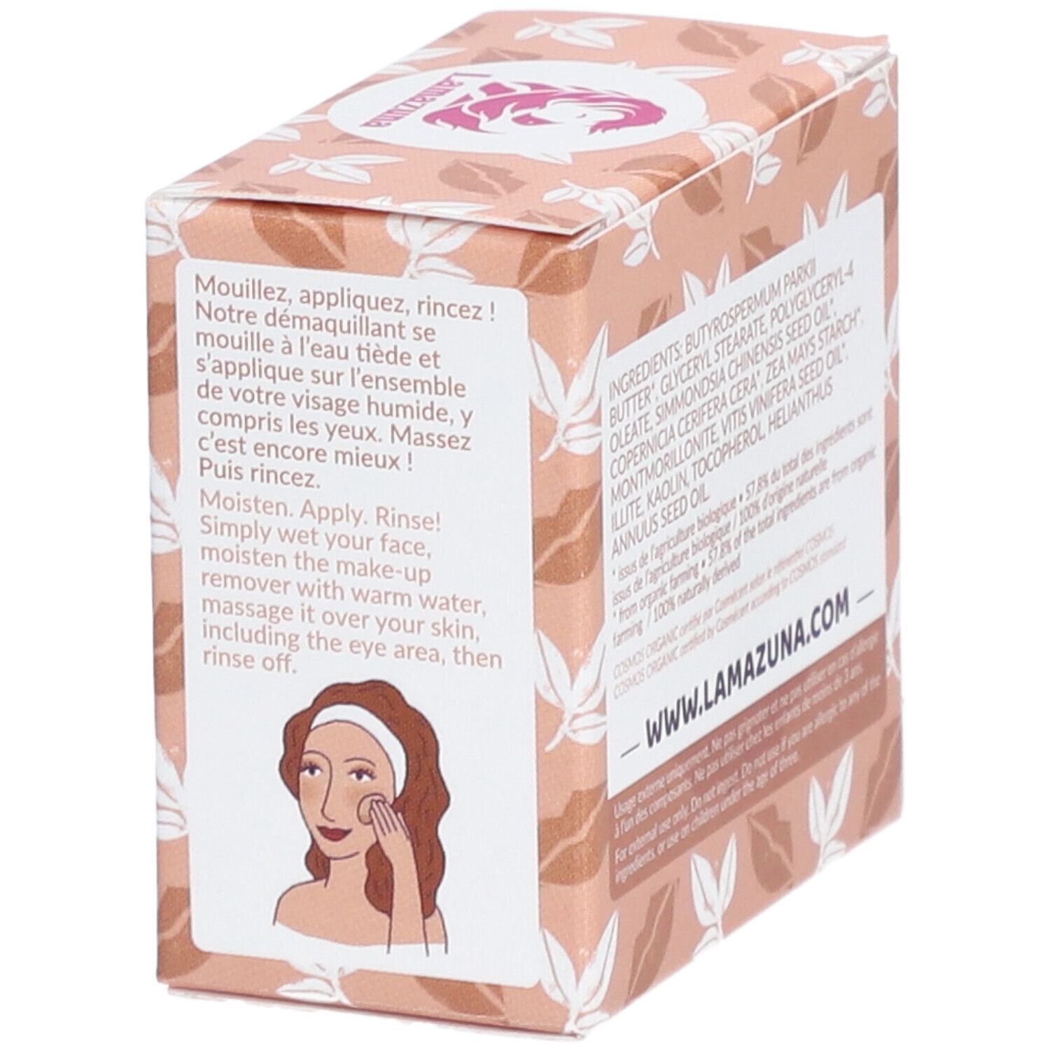 Kartonverpackung mit Anwendungshinweisen. Enthält festen Make-up-Entferner. Mit Jojoba- und Traubenkernöl. Illustration einer Frau.