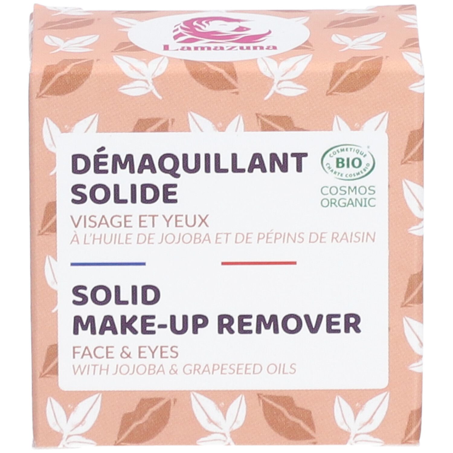 Kartonverpackung mit Produktnamen und Logo. Enthält festen Make-up-Entferner für Gesicht und Augen. Mit Jojoba- und Traubenkernöl.