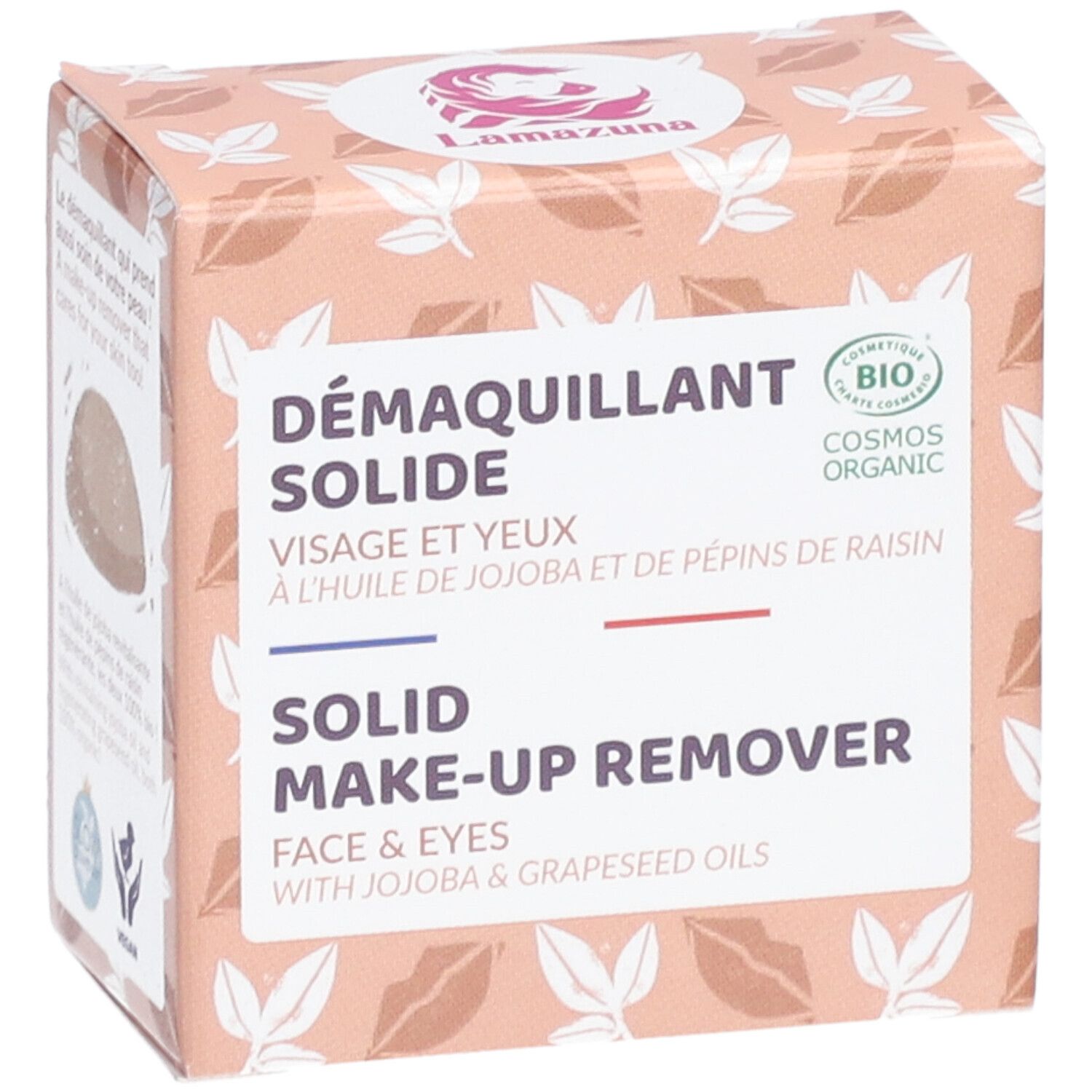 Kartonverpackung mit Produktnamen und Logo. Enthält festen Make-up-Entferner für Gesicht und Augen. Mit Jojoba- und Traubenkernöl.