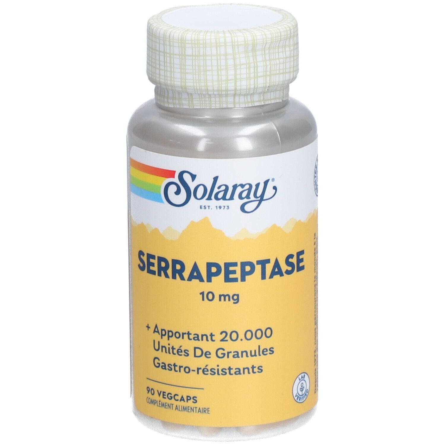 Kapselbehälter mit Aufschrift Solaray Serrapeptase 10 mg. 90 Vegcaps. Gelbes Etikett.