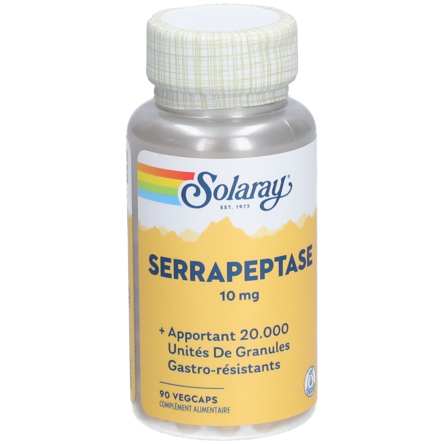Kapselbehälter mit Aufschrift Solaray Serrapeptase 10 mg. 90 Vegcaps. Gelbes Etikett.