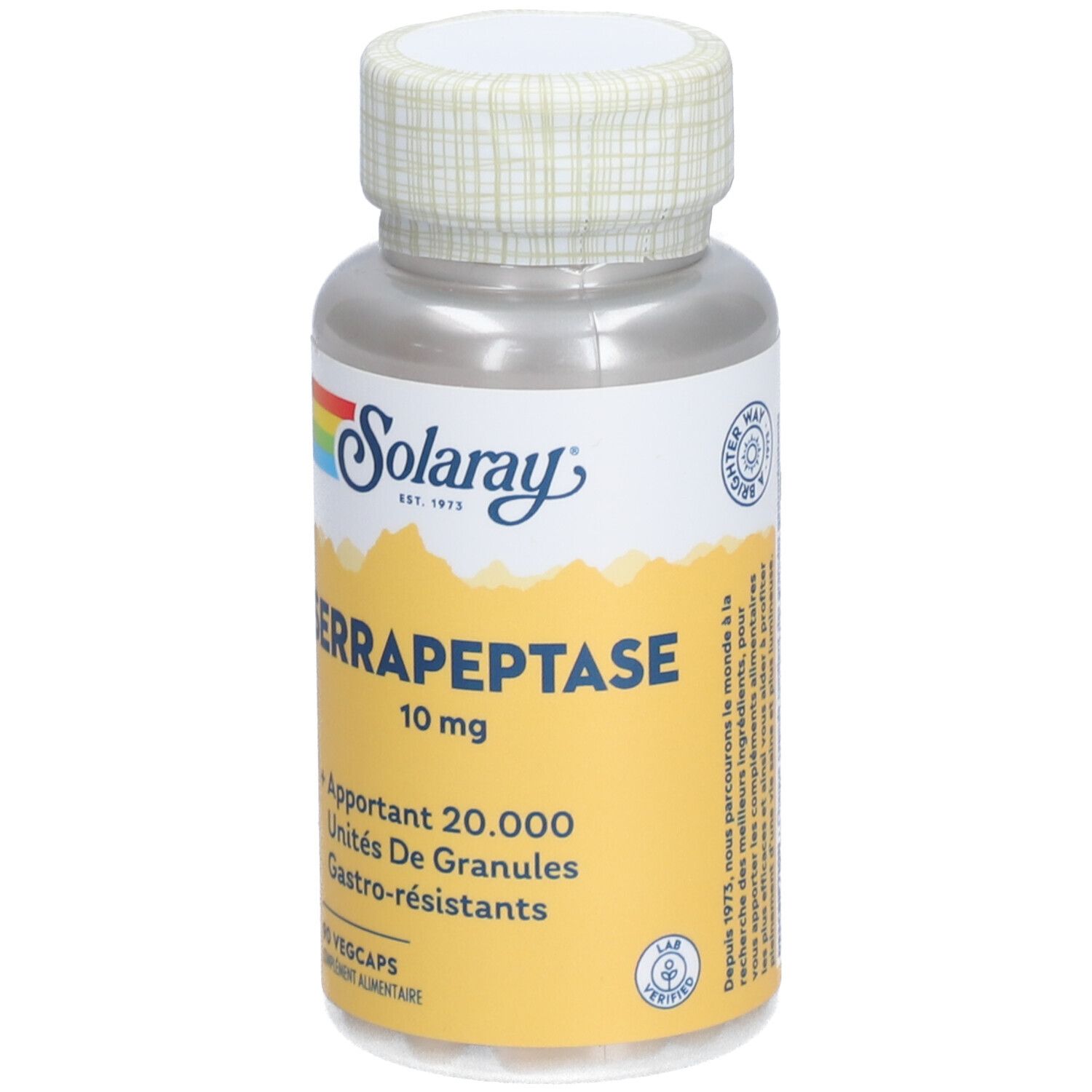 Kapselbehälter mit Aufschrift Solaray Serrapeptase 10 mg. Gelbes Etikett mit Text.