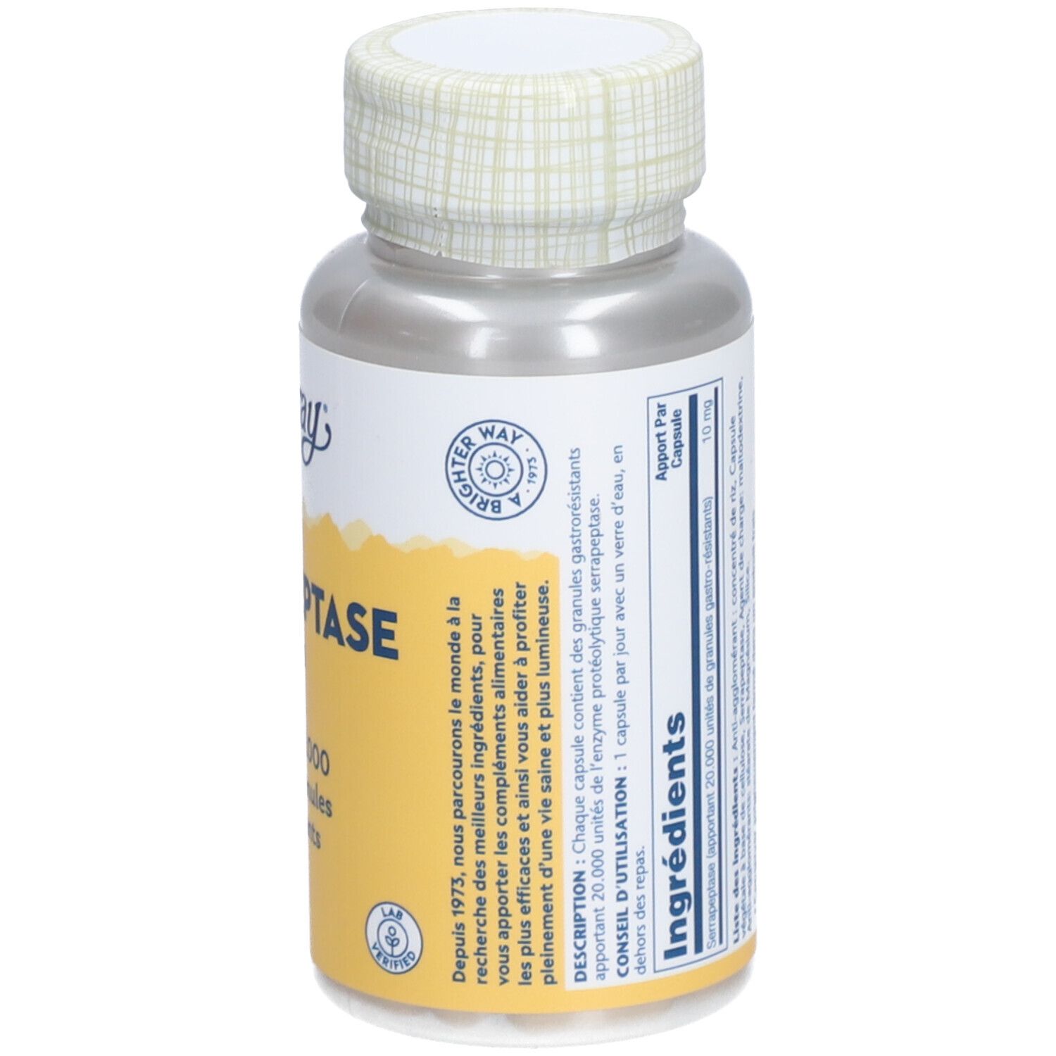Kapselbehälter mit Aufschrift Solaray Serrapeptase 10 mg. Gelbes Etikett mit Text.