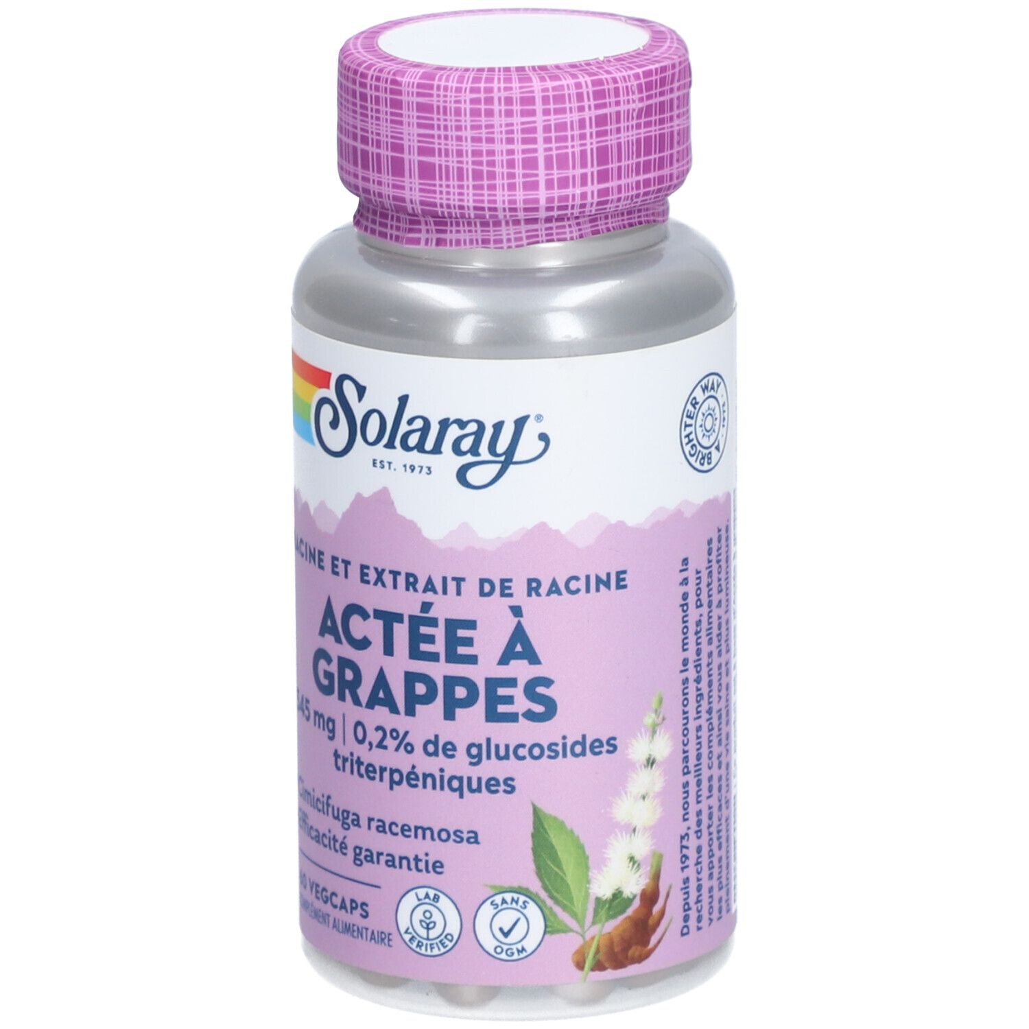 Flacon de gélules. Inscription: Actée à grappes, 60 Vegcaps. Marque: Solaray. Logo.
