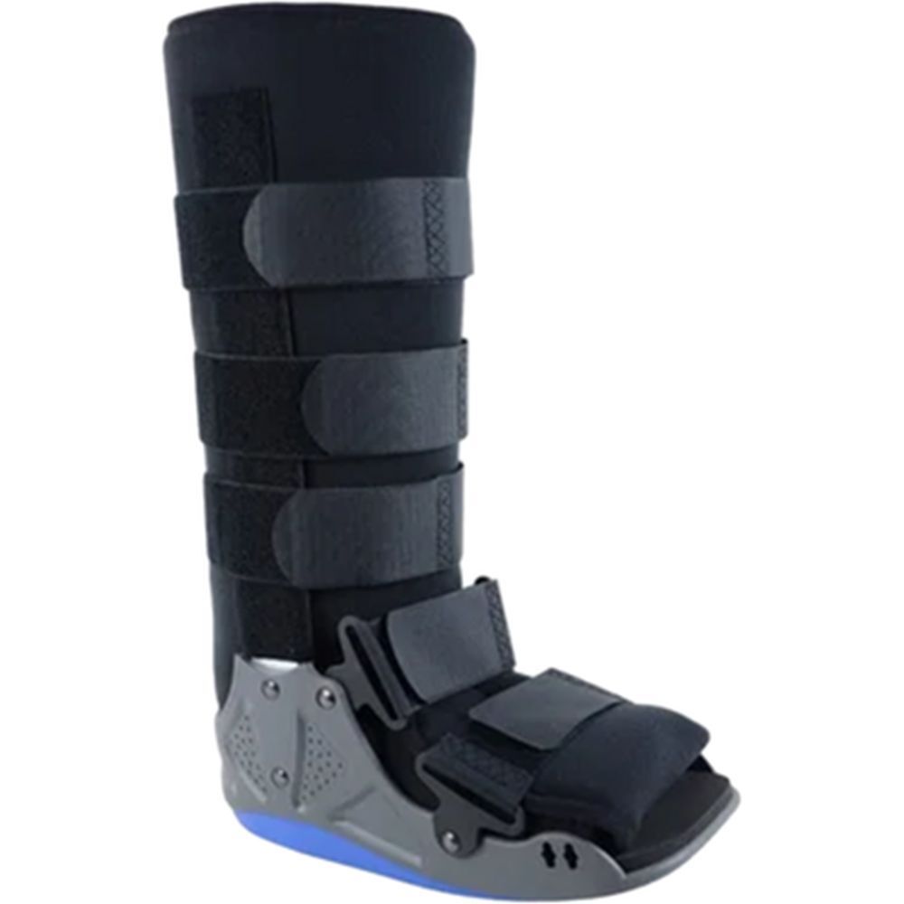 Walker haut, noir et gris, avec montants latéraux. Fermetures velcro et semelle bleue.