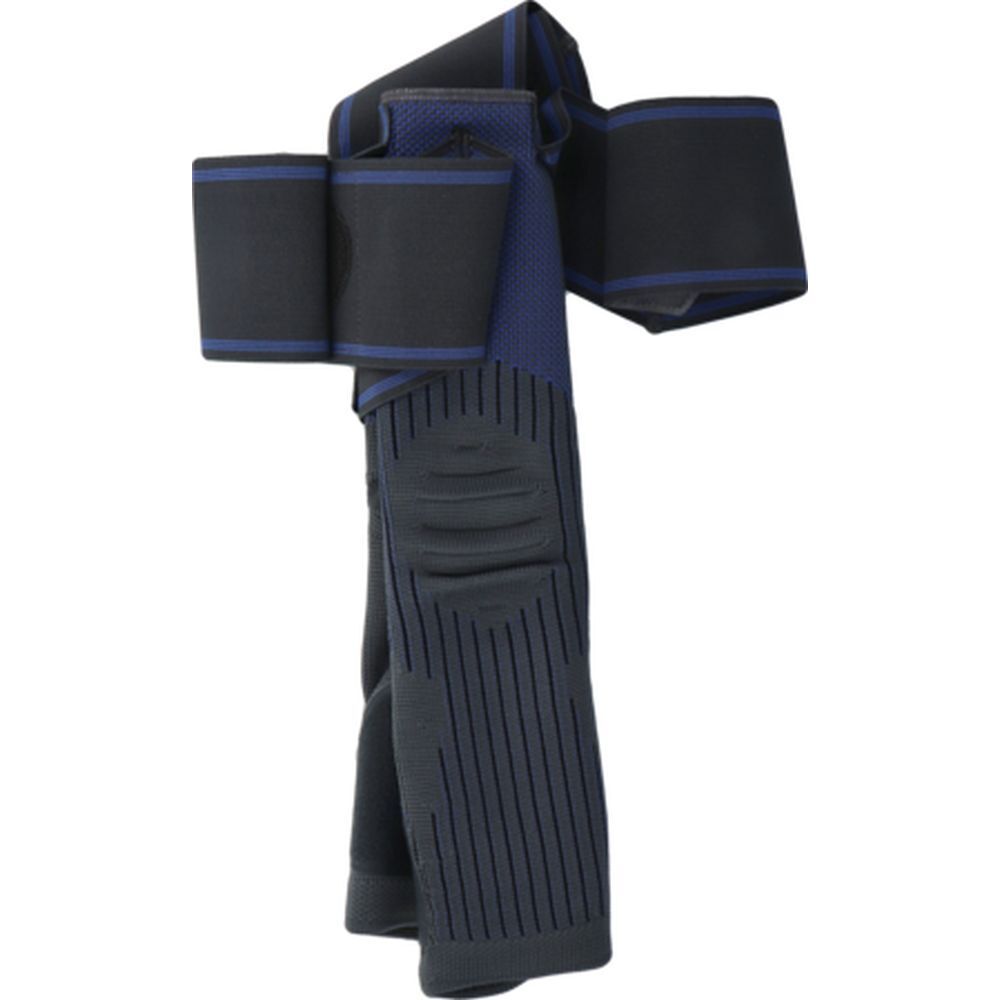 Genouillère noire et bleue avec double sanglage. Bandes verticales et rembourrage.