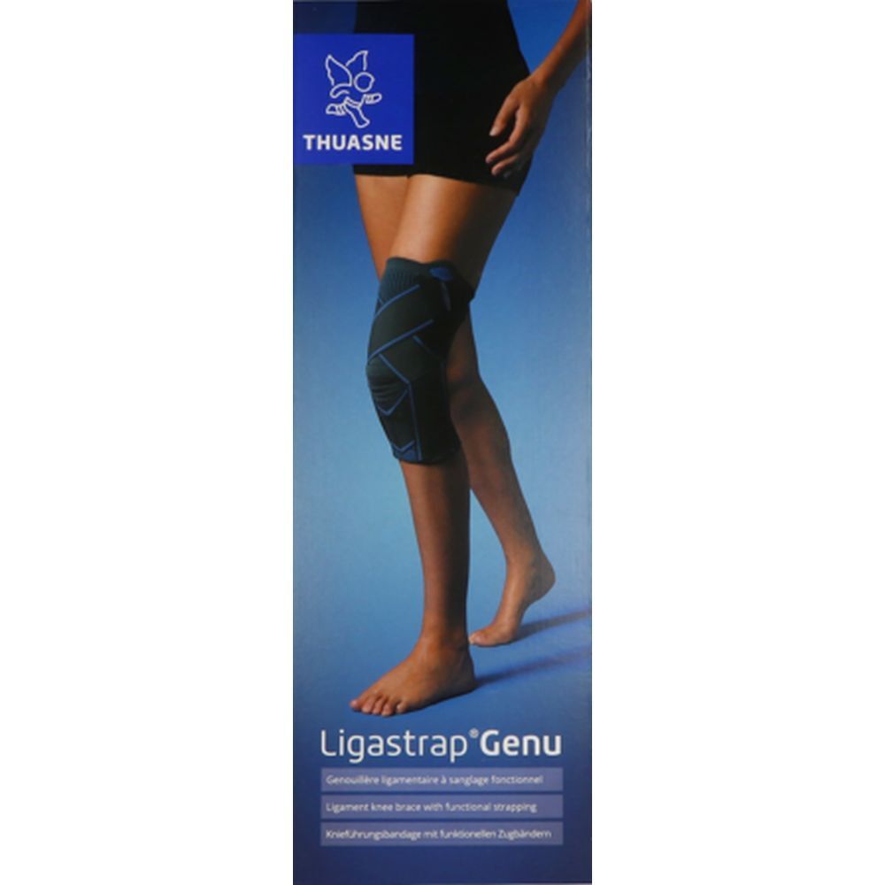 Genouillère sur une jambe. Emballage avec nom du produit et marque Thuasne.