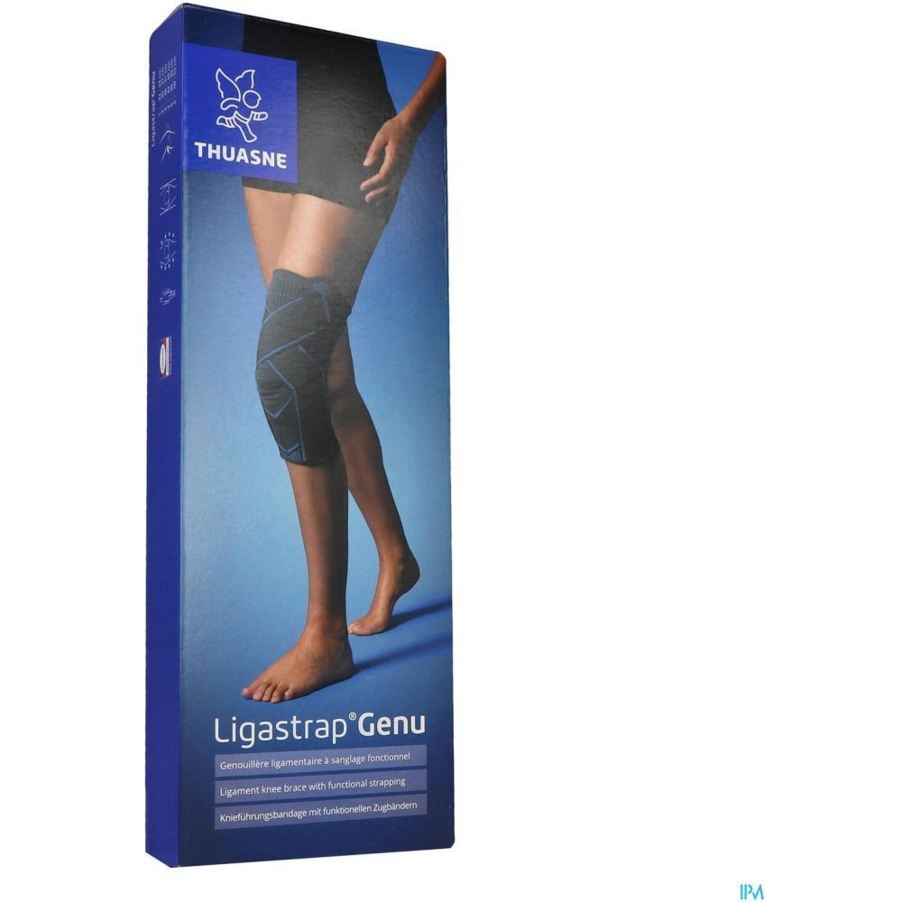 Genouillère sur emballage. Nom du produit et marque Thuasne visibles.