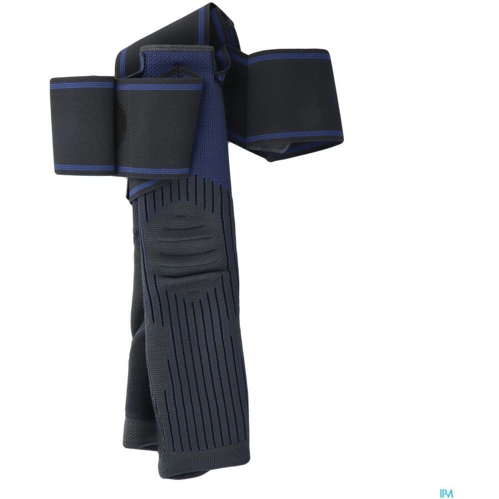 Genouillère noire et bleue avec double sanglage. Bandes verticales et rembourrage.