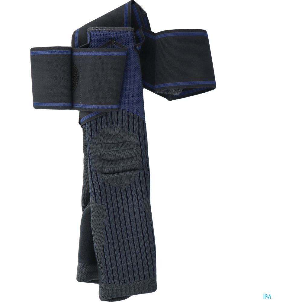 Genouillère noire et bleue avec double sanglage. Bandes verticales et rembourrage.