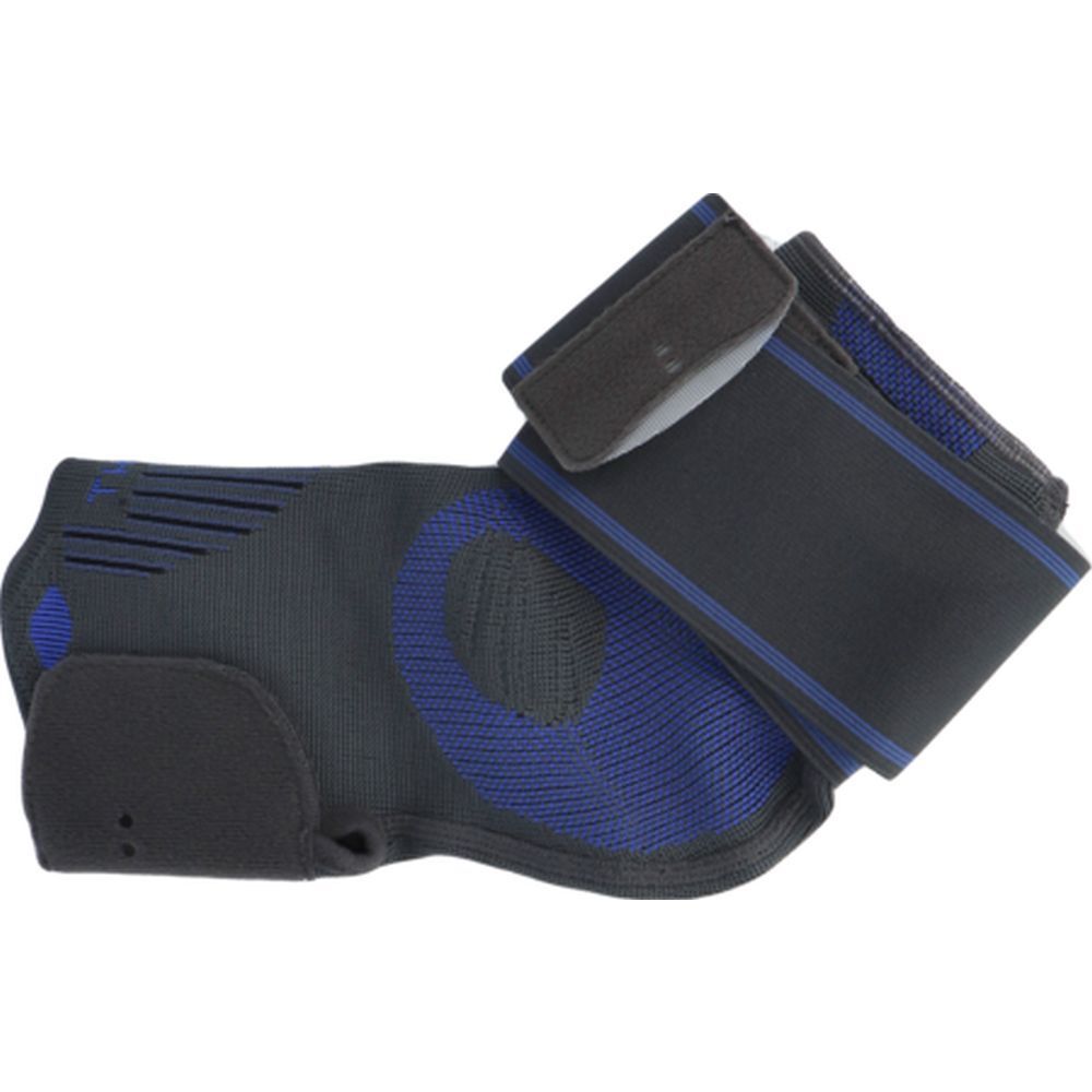 Attelle de cheville noire et bleue. Avec fermeture velcro et renforts. Vue de dessus.