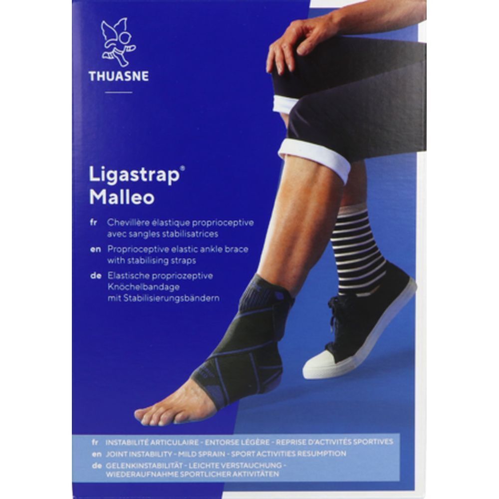 Emballage avec image d'attelle de cheville. Nom du produit : Ligastrap Malleo. Texte en allemand, anglais et français.
