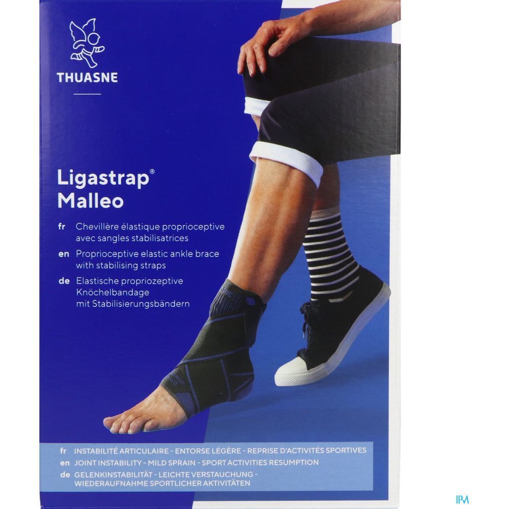Emballage avec image d'attelle de cheville. Nom du produit : Ligastrap Malleo. Logo THUASNE. Emballage bleu.