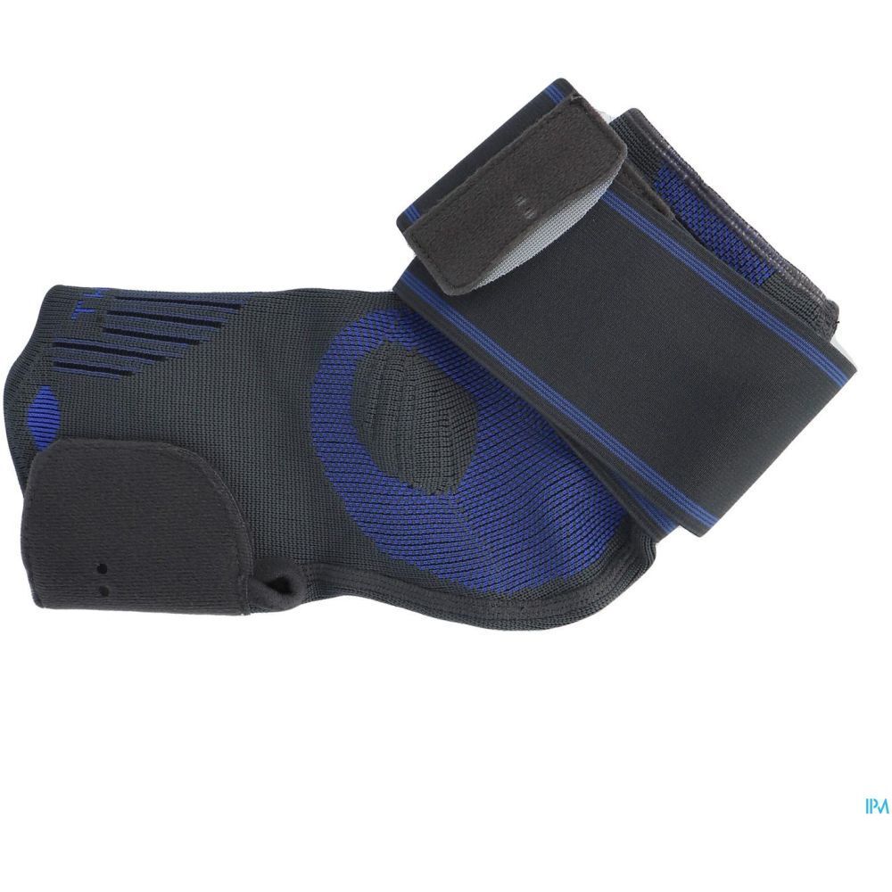 Attelle de cheville noire et bleue. Avec fermeture velcro et renforts. Vue de dessus.