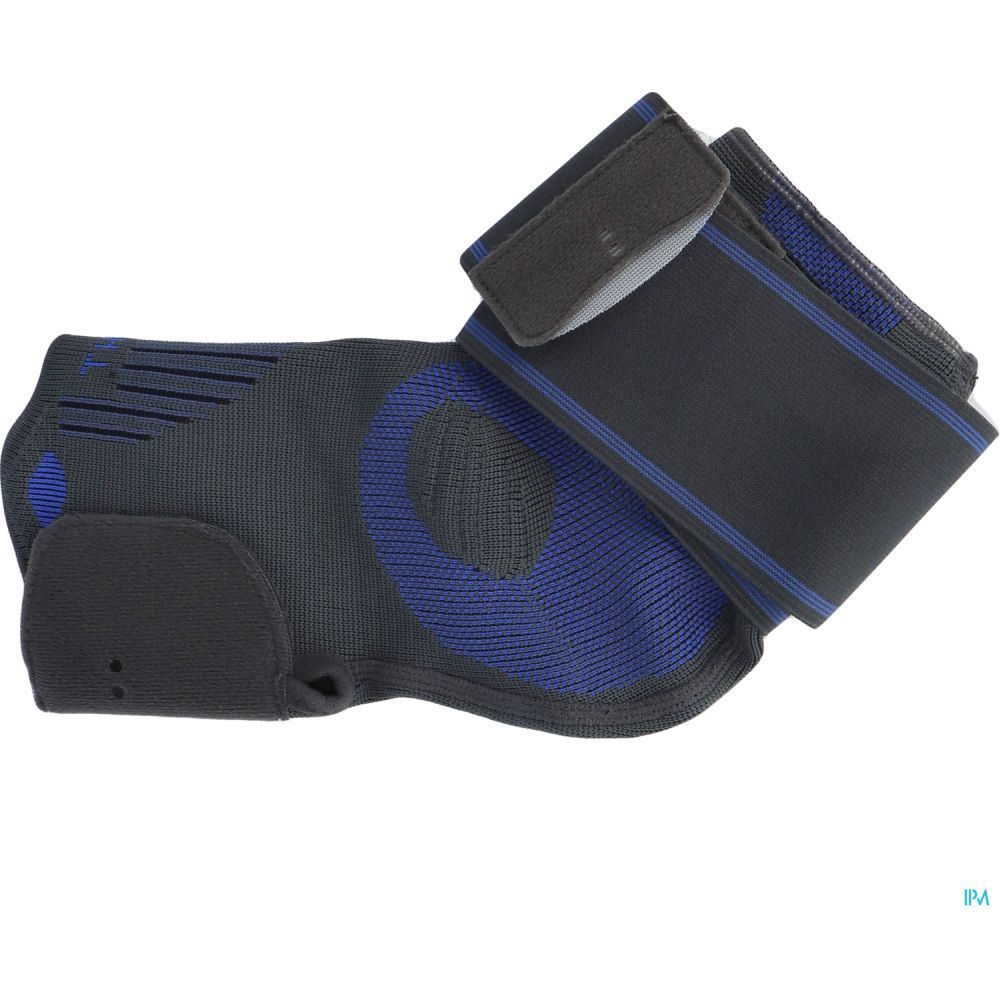 Attelle de cheville noire et bleue. Avec fermeture velcro et renforts. Vue de dessus.