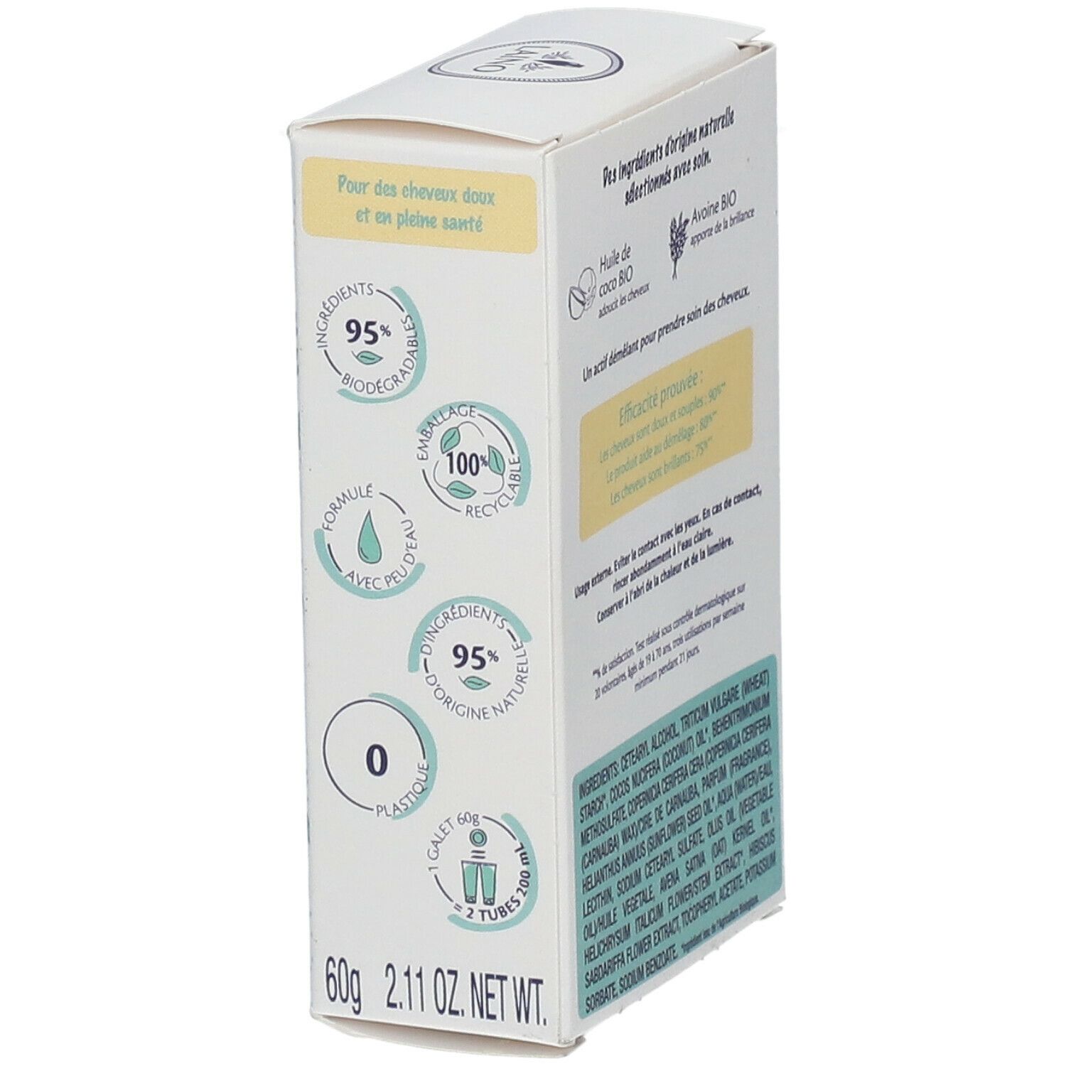 Verpakking van LAINO Solid Conditioner. Opschrift: APRES-SHAMPOOING SOLIDE, SOLID CONDITIONER. Ingrediënten en milieukeurmerken.