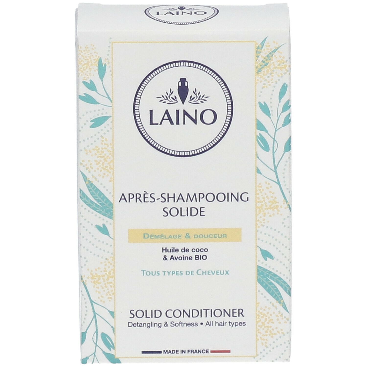Verpakking van LAINO Solid Conditioner. Opschrift: APRES-SHAMPOOING SOLIDE, SOLID CONDITIONER. Kokosolie en BIO haver. Voor alle haartypes.