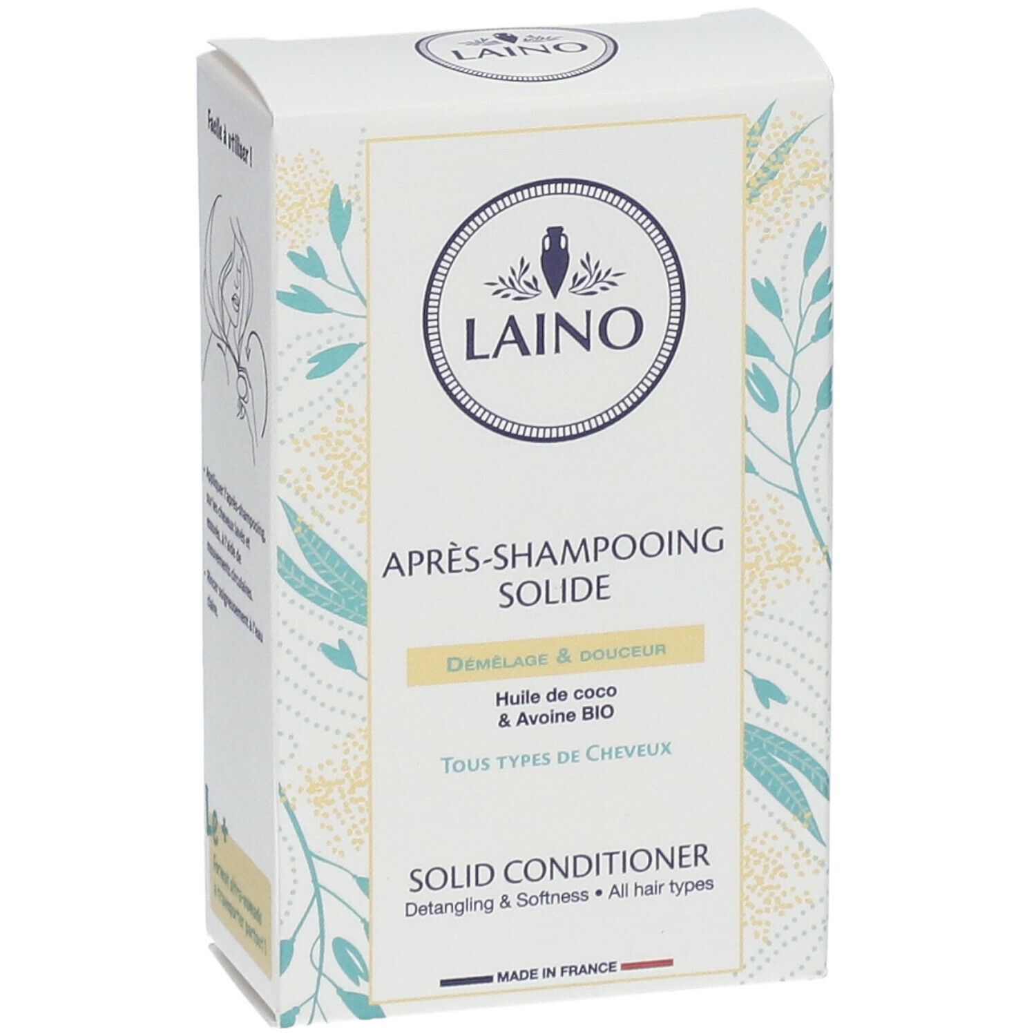 Verpakking van LAINO Solid Conditioner. Opschrift: APRES-SHAMPOOING SOLIDE, SOLID CONDITIONER. Kokosolie en BIO haver. Voor alle haartypes.