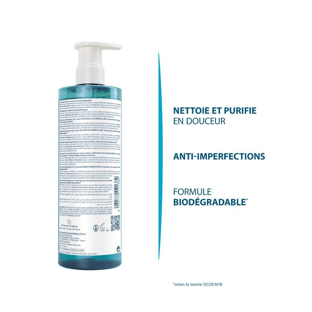 Dos du flacon avec texte. Souligné : nettoyage doux, anti-imperfections, biodégradable.