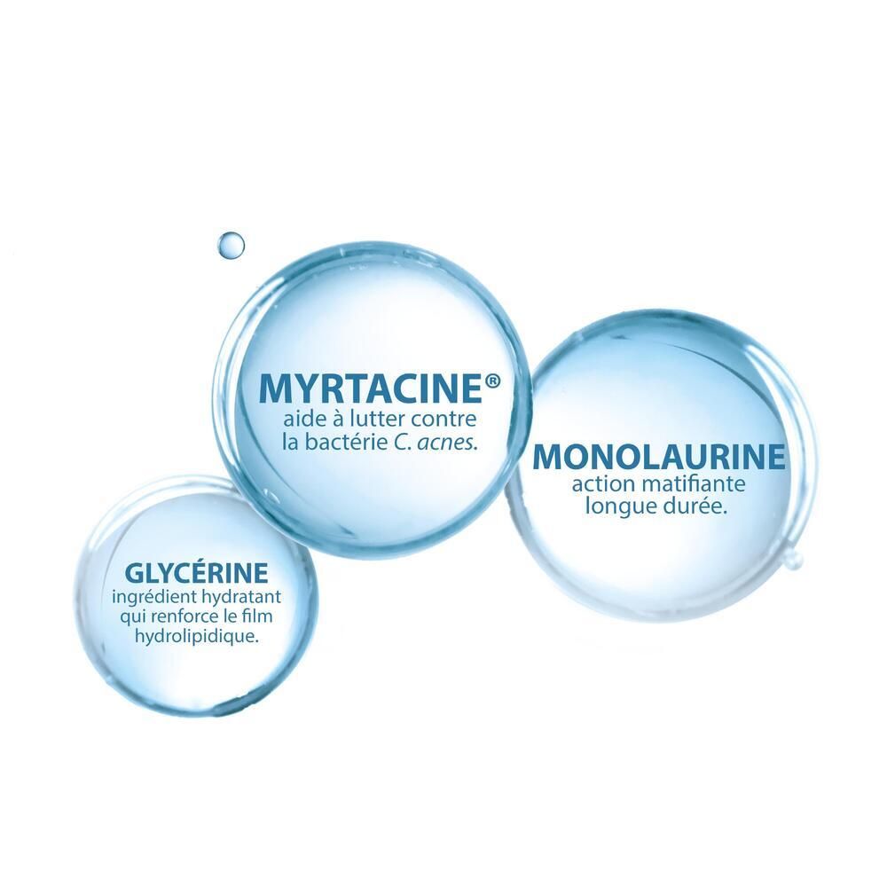Graphique avec trois cercles. Glycérine, Myrtacine et Monolaurine. Texte décrivant les ingrédients.