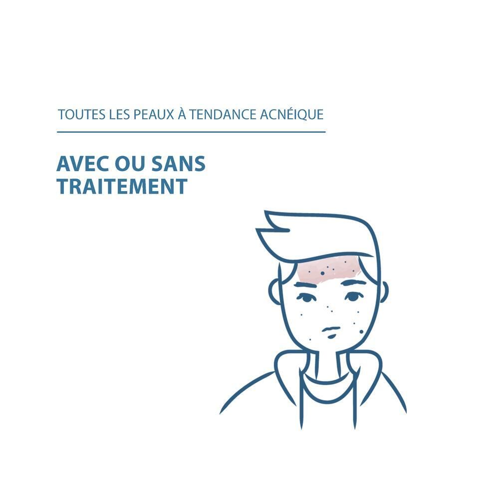 Illustration d'un homme avec de l'acné. Texte : Pour toutes les peaux à tendance acnéique, avec ou sans traitement.